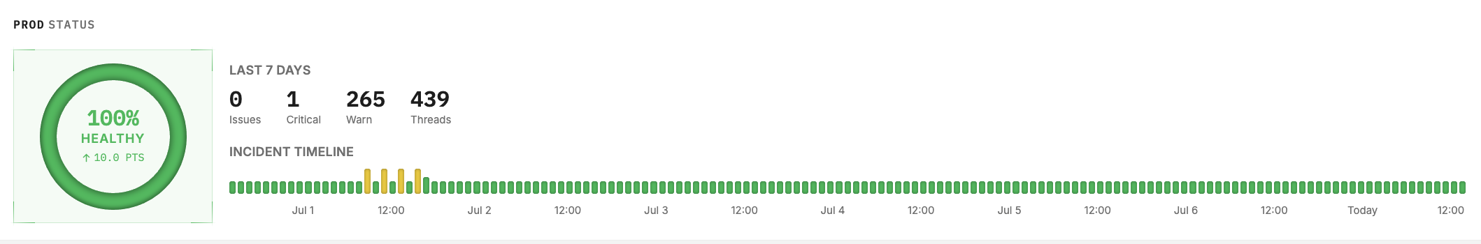 Prod Status panel with health score gauge, flow statistics, and incident timeline
