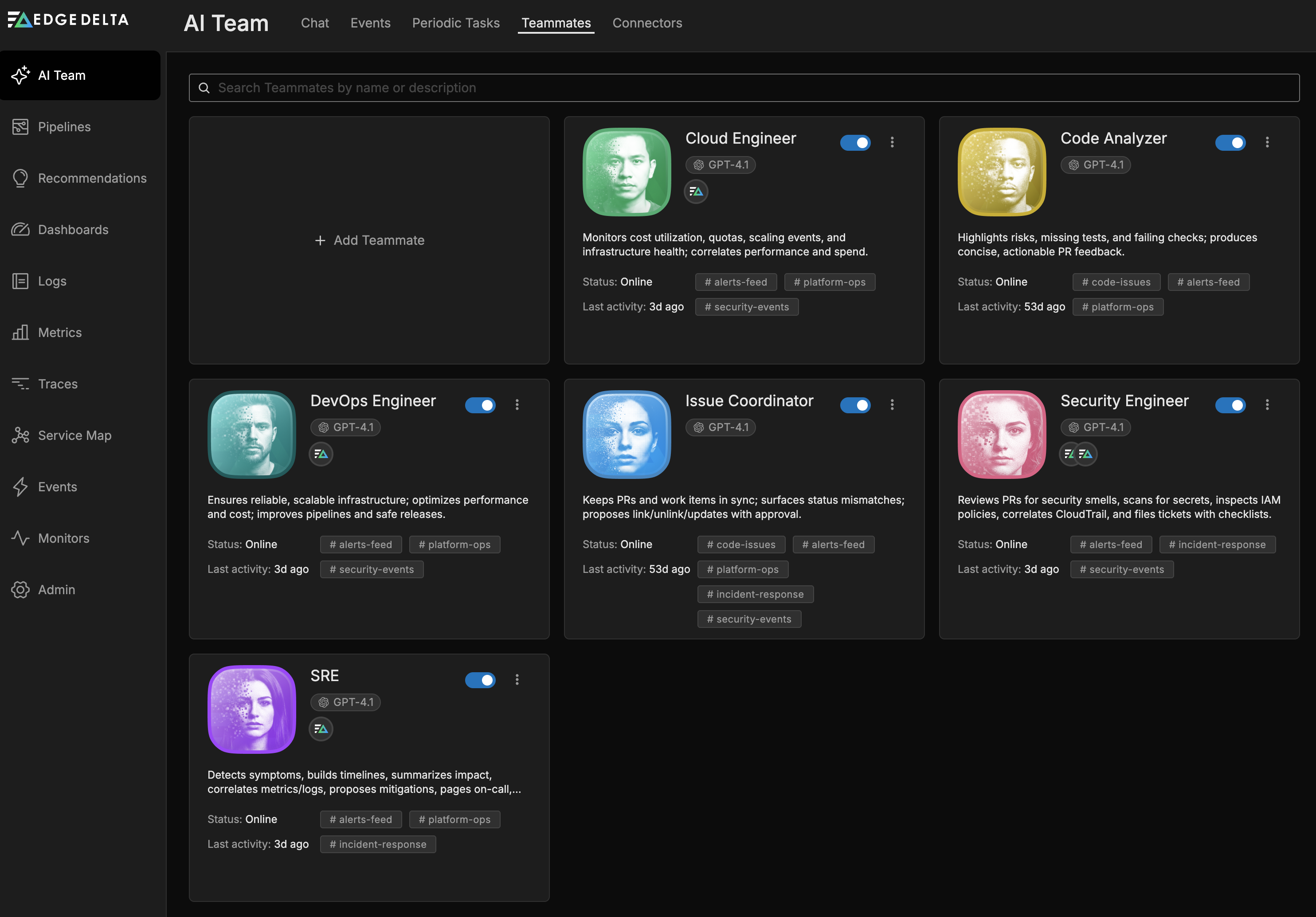 The Teammates tab showing available AI teammates with their status and capabilities