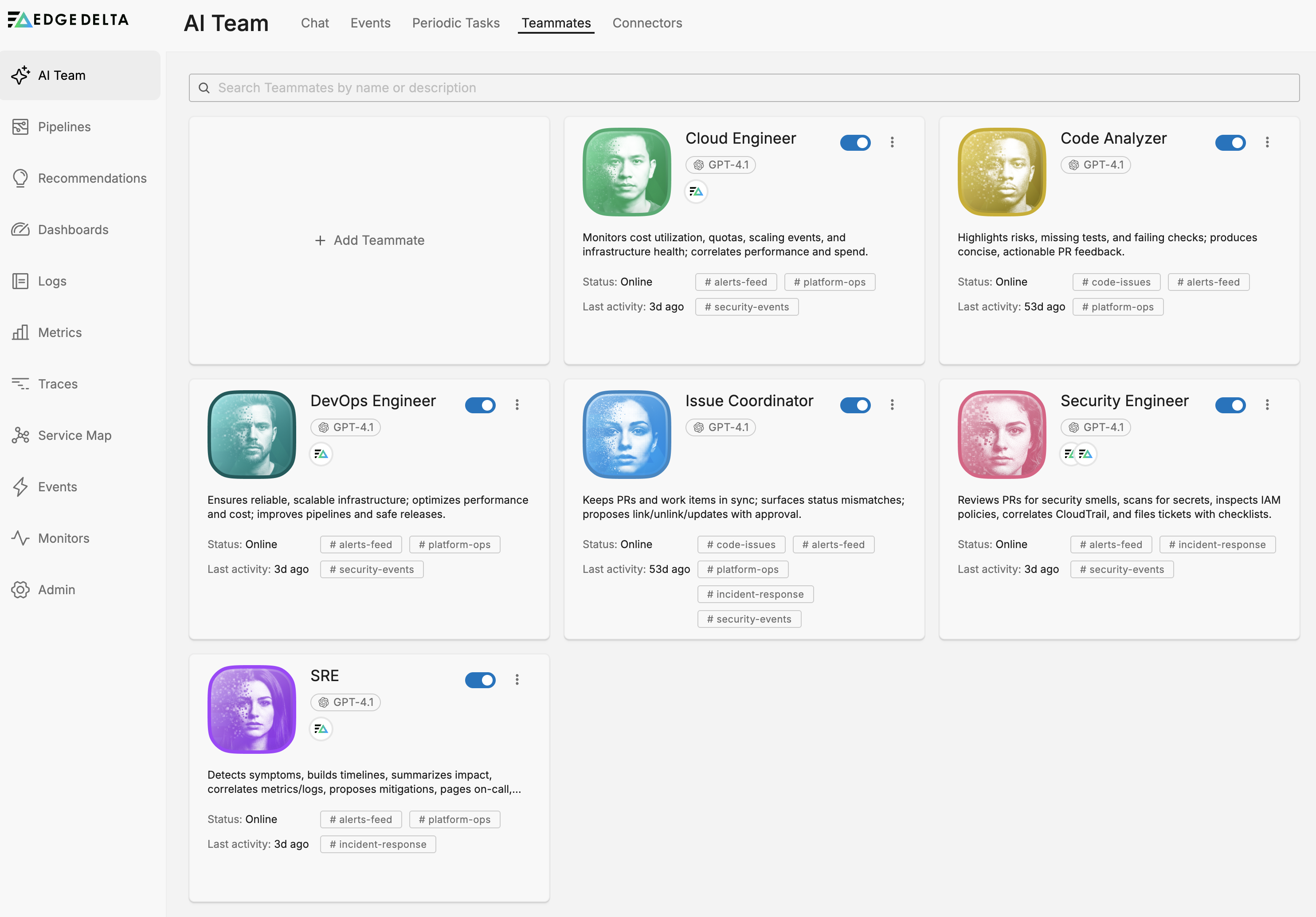 The Teammates tab showing available AI teammates with their status and capabilities