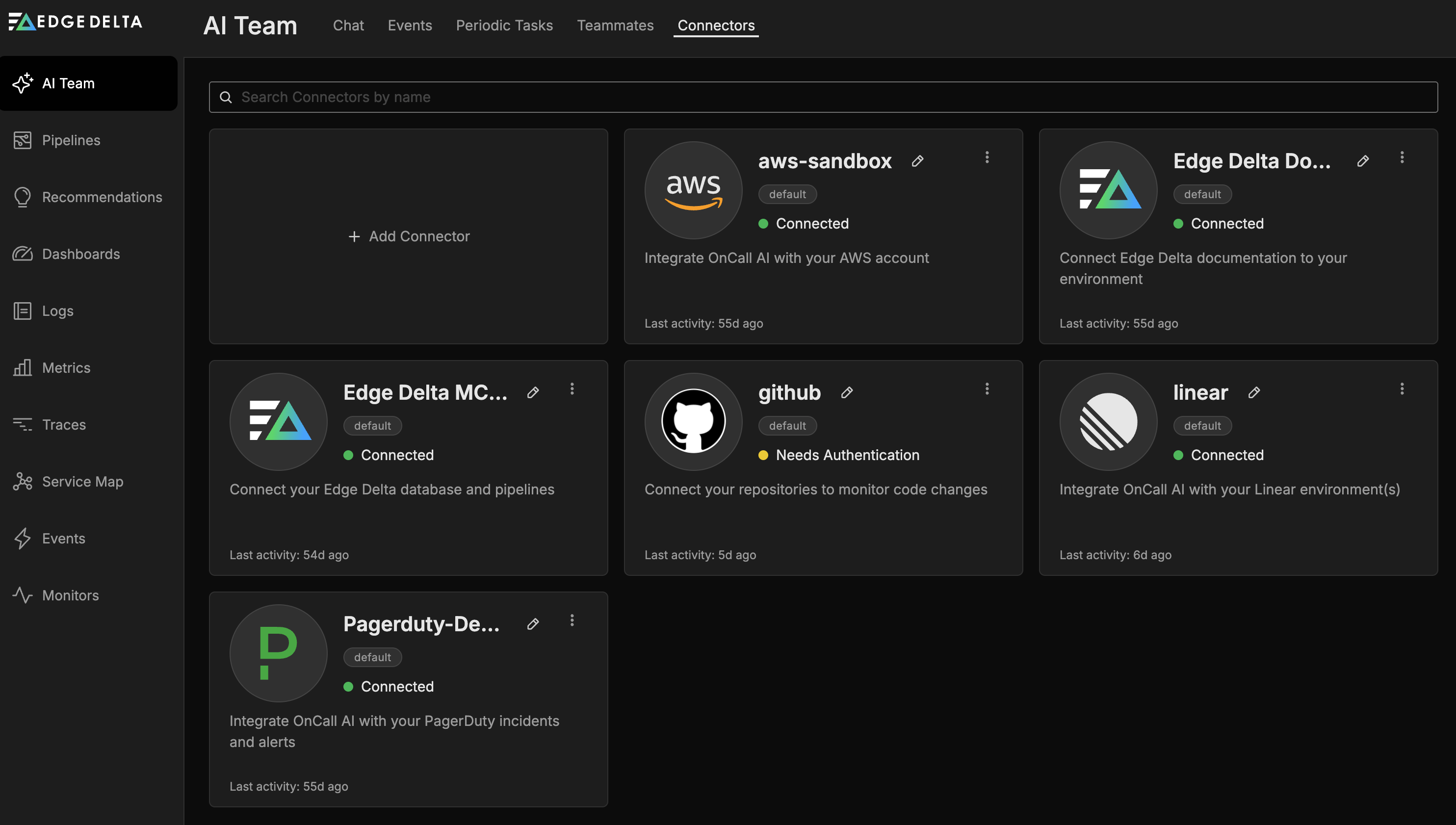 Connectors tab showing available integrations for AI Team