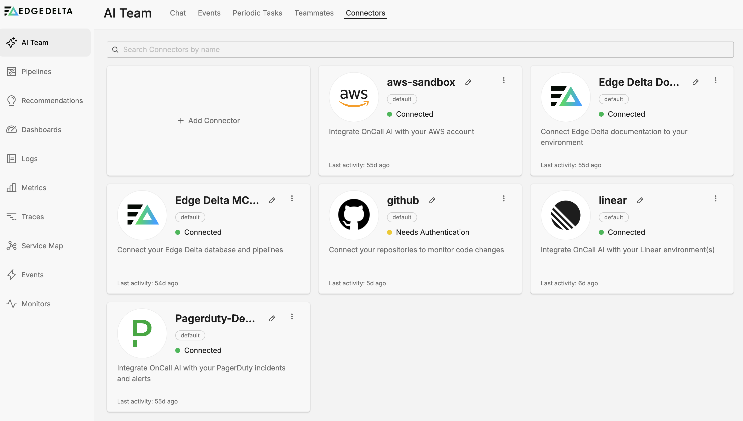 Connectors tab showing available integrations for AI Team