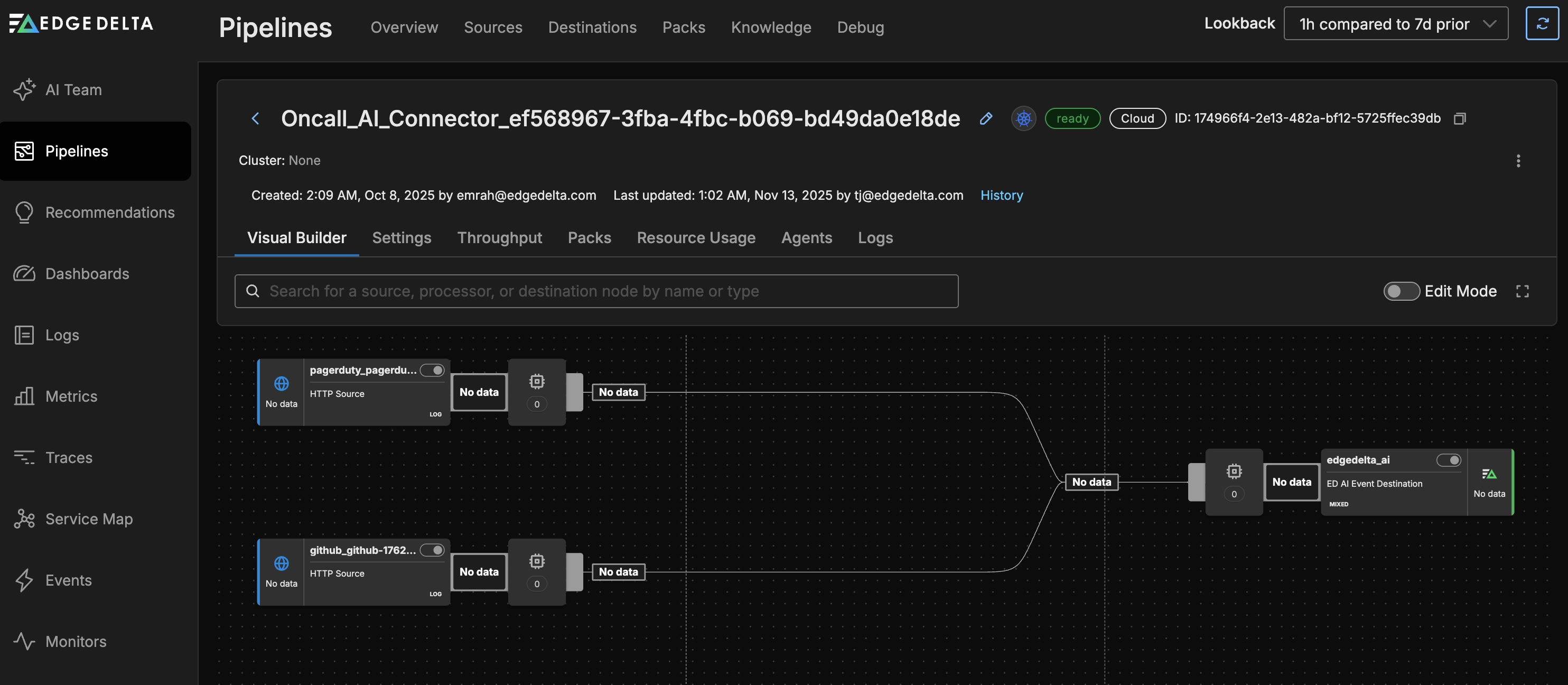 Event connector pipeline showing PagerDuty routing to the AI teammates destination