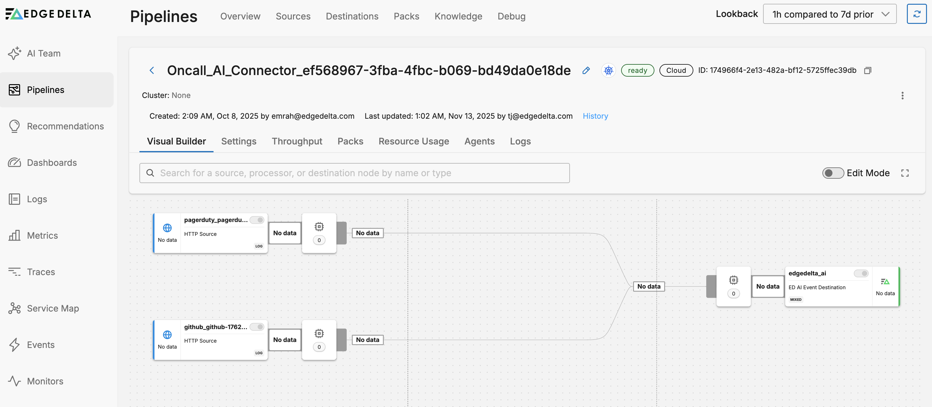 Event connector pipeline showing PagerDuty routing to the AI teammates destination