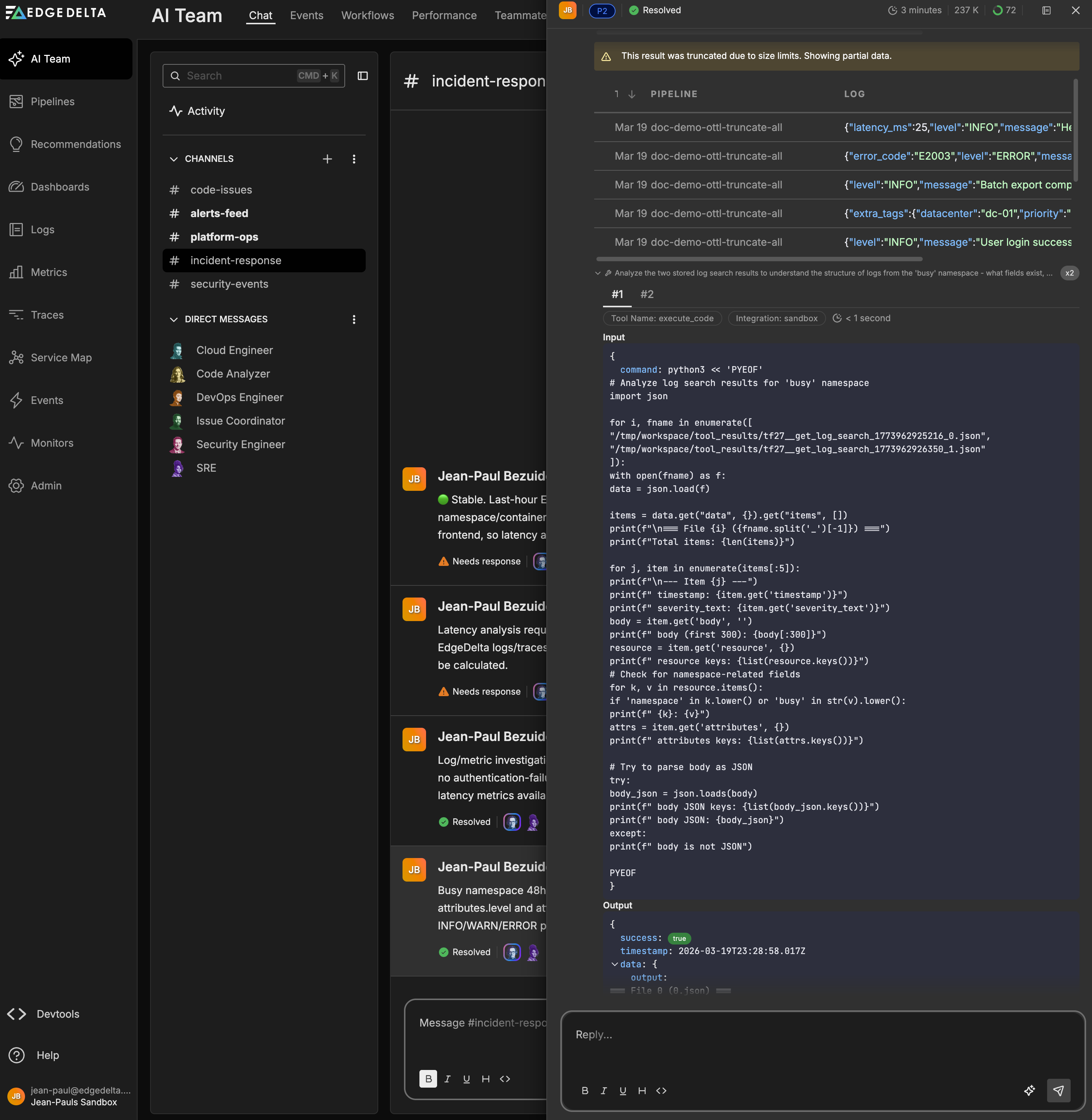 Investigation thread showing truncated log results, sandbox activation, and Python script for error grouping.