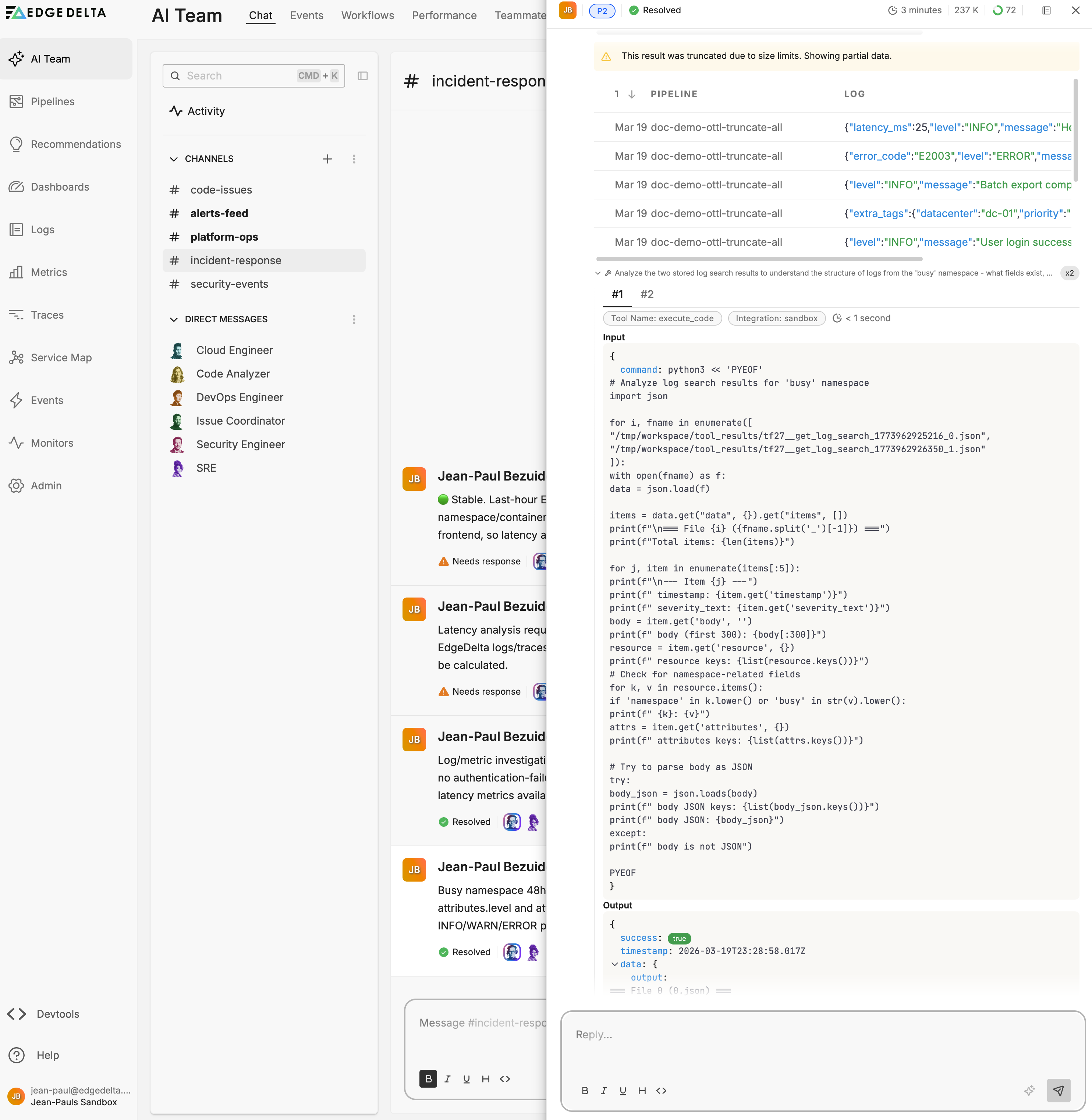 Investigation thread showing truncated log results, sandbox activation, and Python script for error grouping.