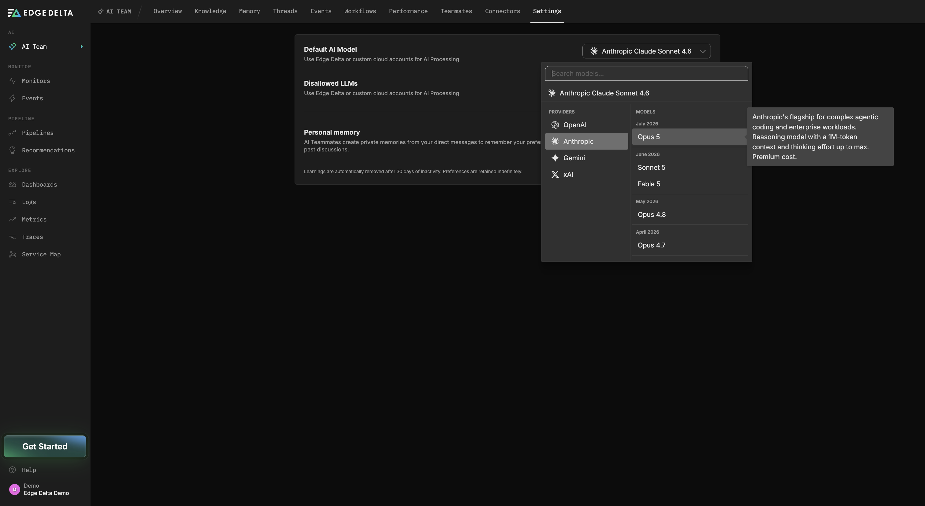 Default AI model picker showing providers on the left and models on the right, with a hover description