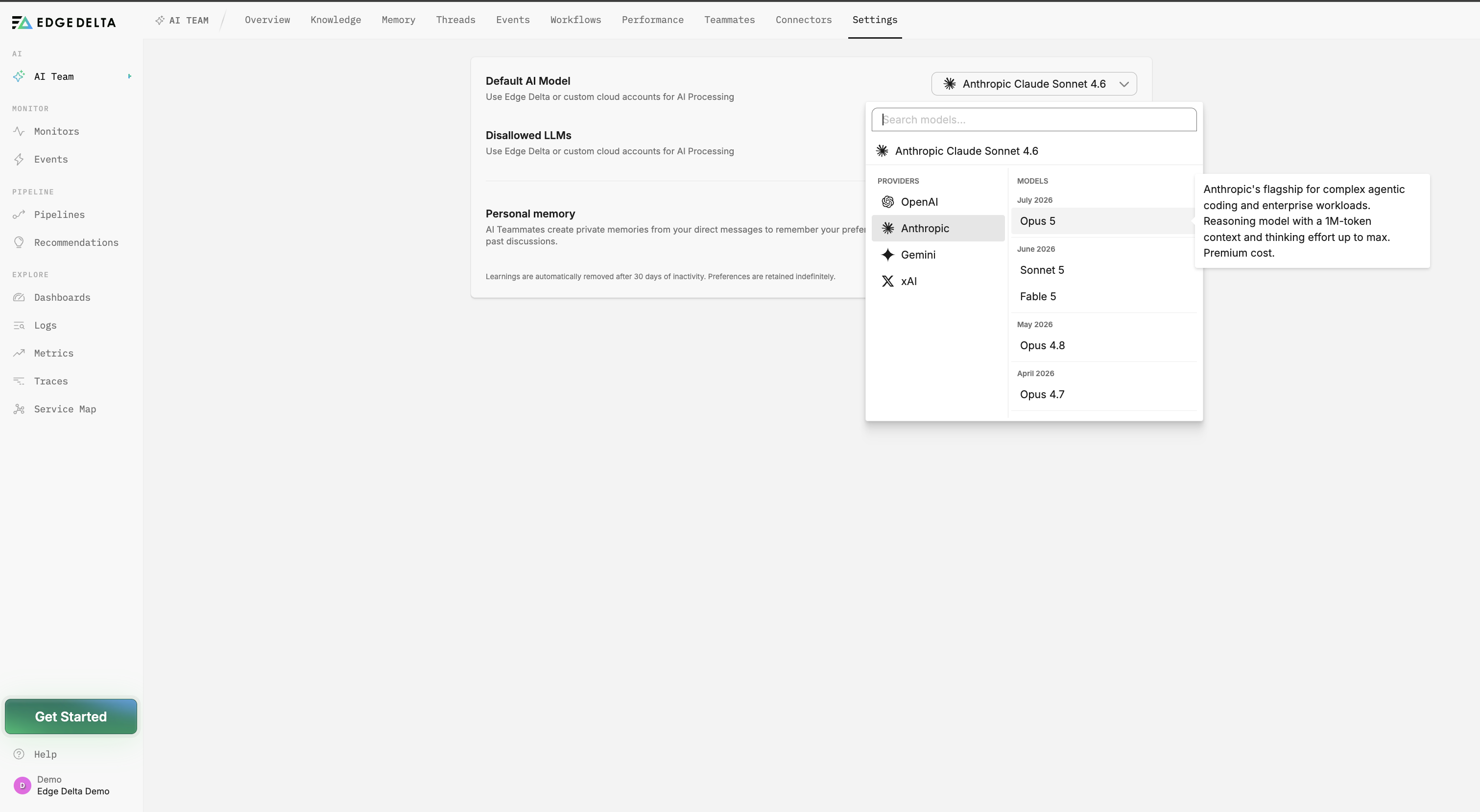 Default AI model picker showing providers on the left and models on the right, with a hover description