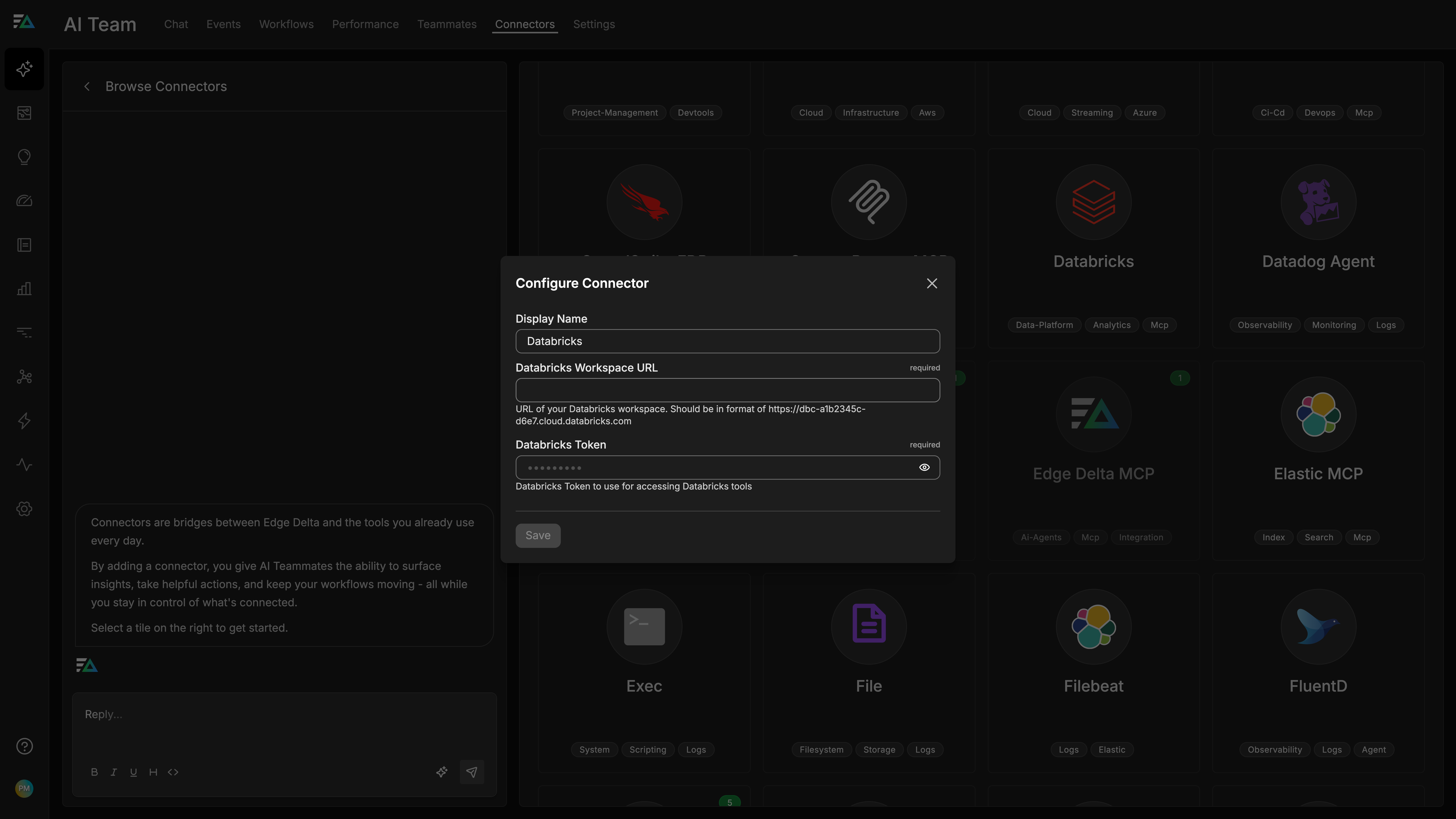 Configure Connector dialog showing Databricks Workspace URL and Token fields