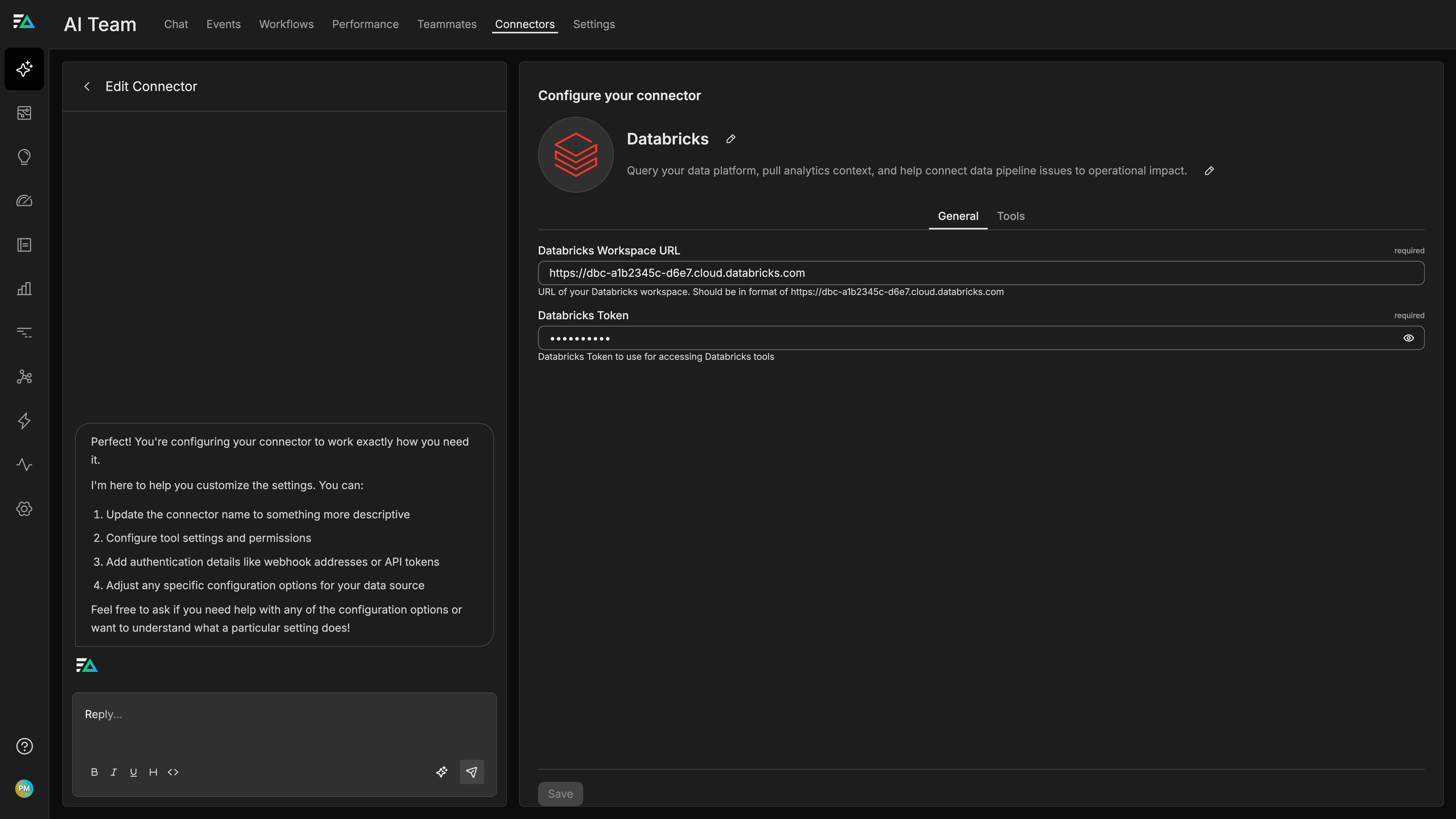 General tab showing Databricks Workspace URL and Token fields