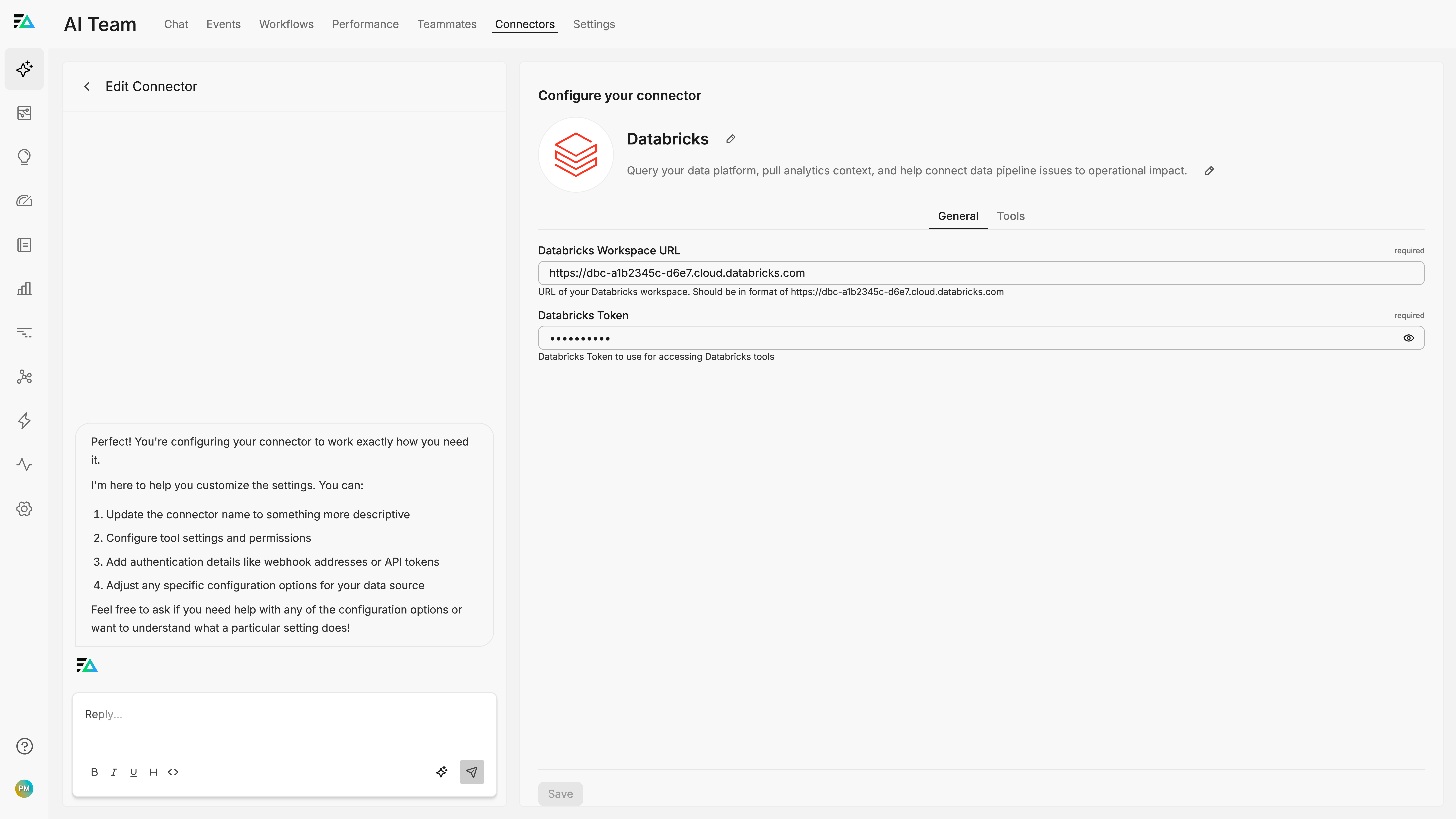 General tab showing Databricks Workspace URL and Token fields