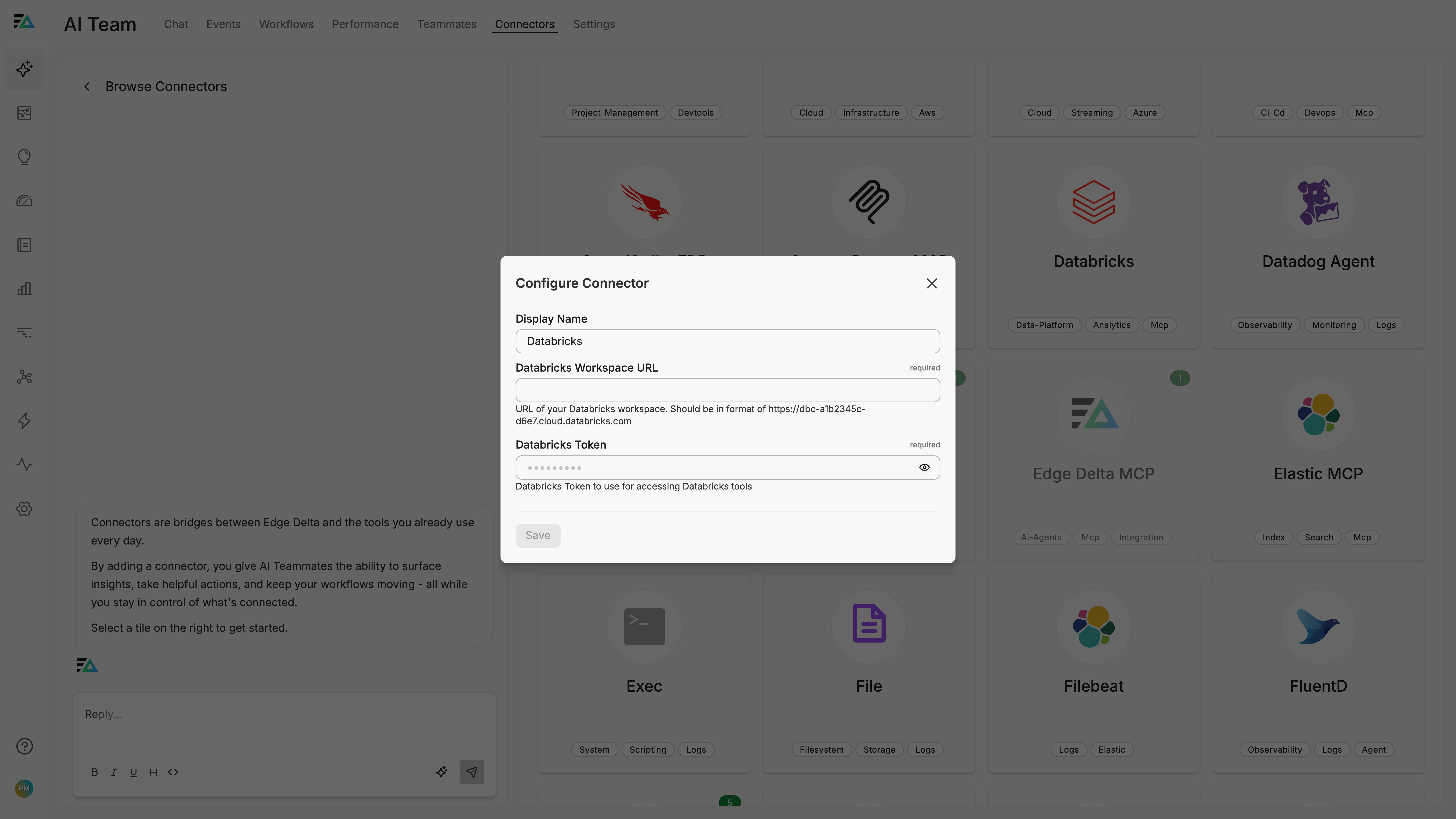 Configure Connector dialog showing Databricks Workspace URL and Token fields