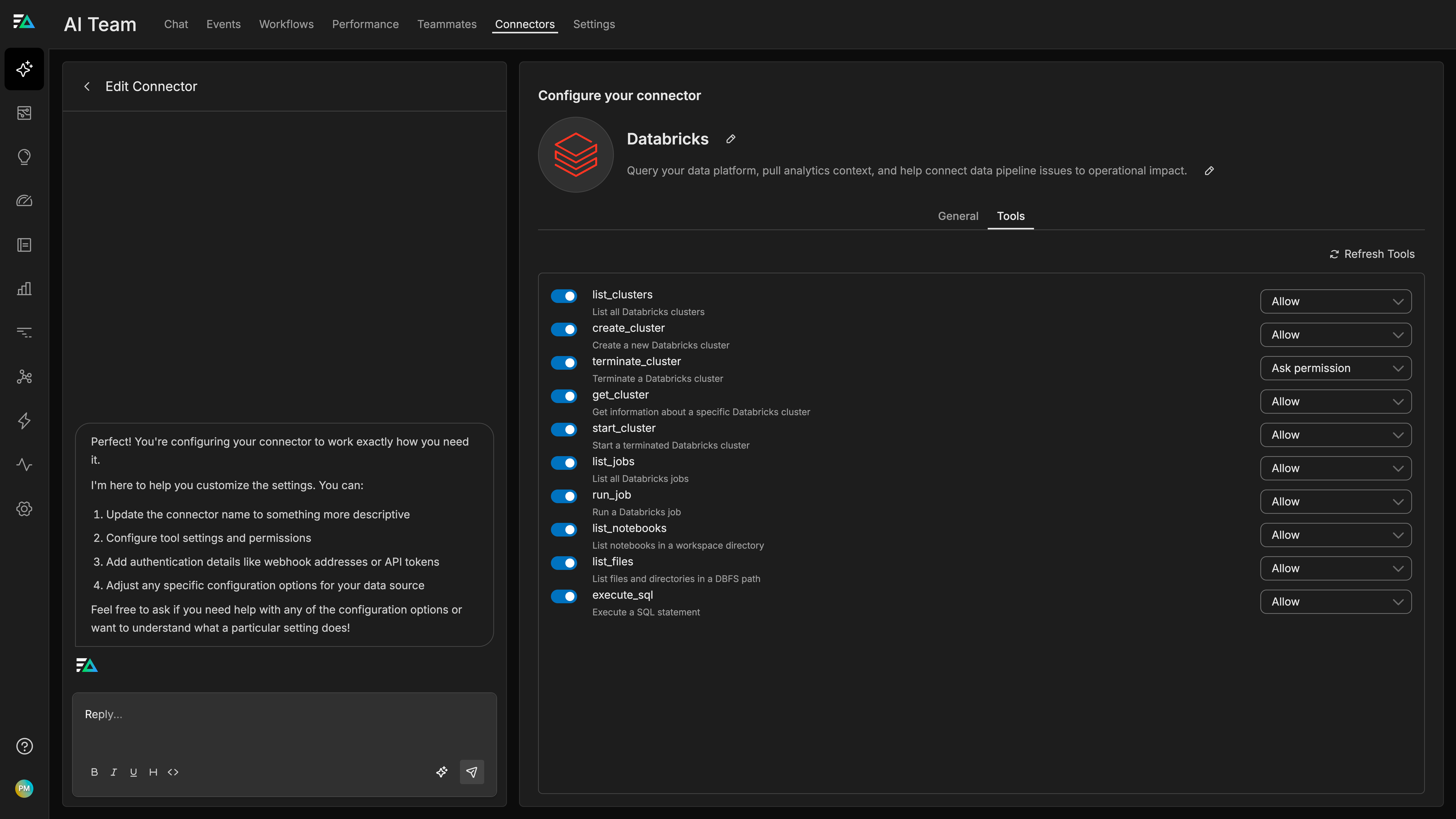 Tools tab showing available Databricks operations and their permissions