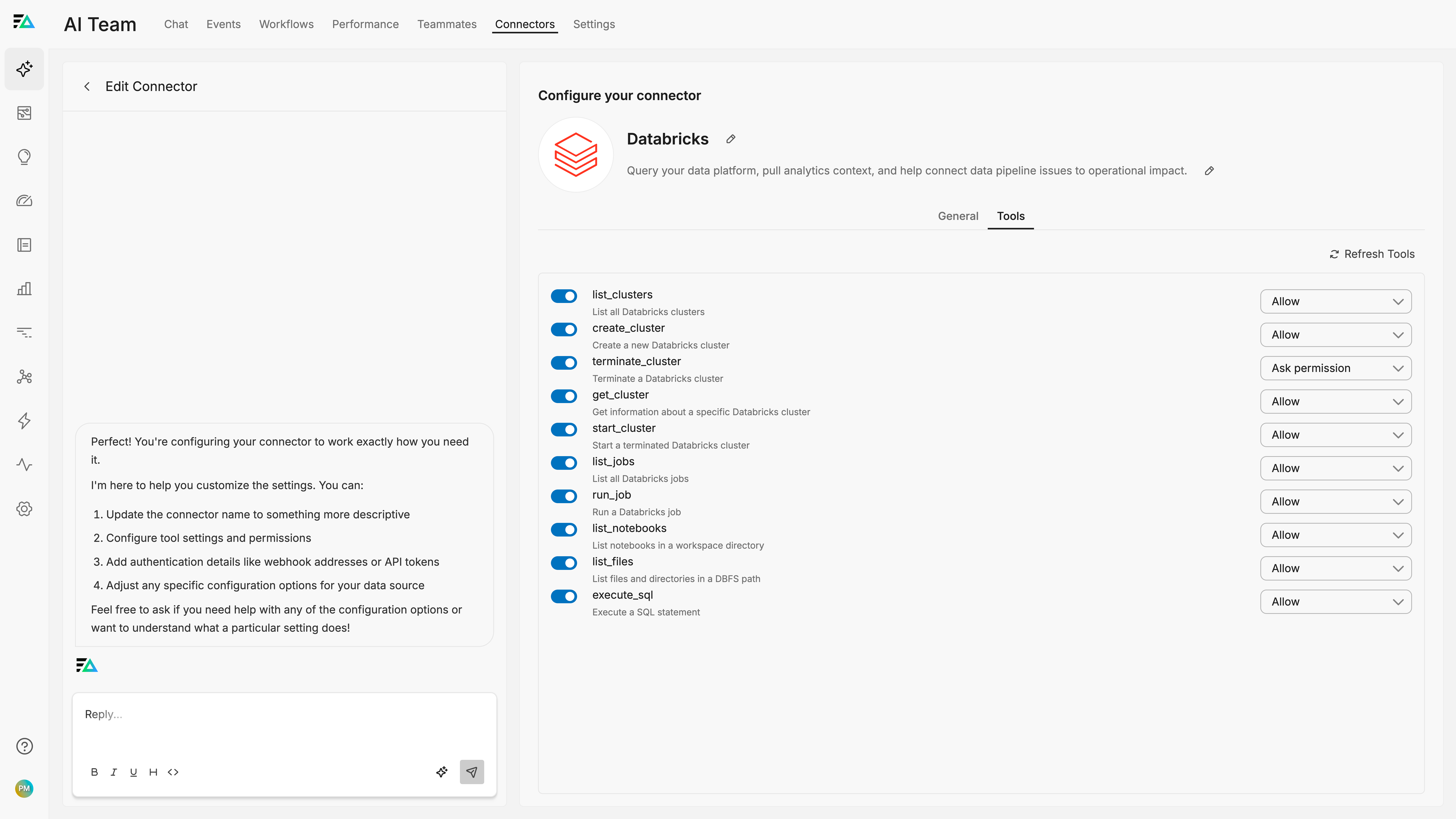 Tools tab showing available Databricks operations and their permissions