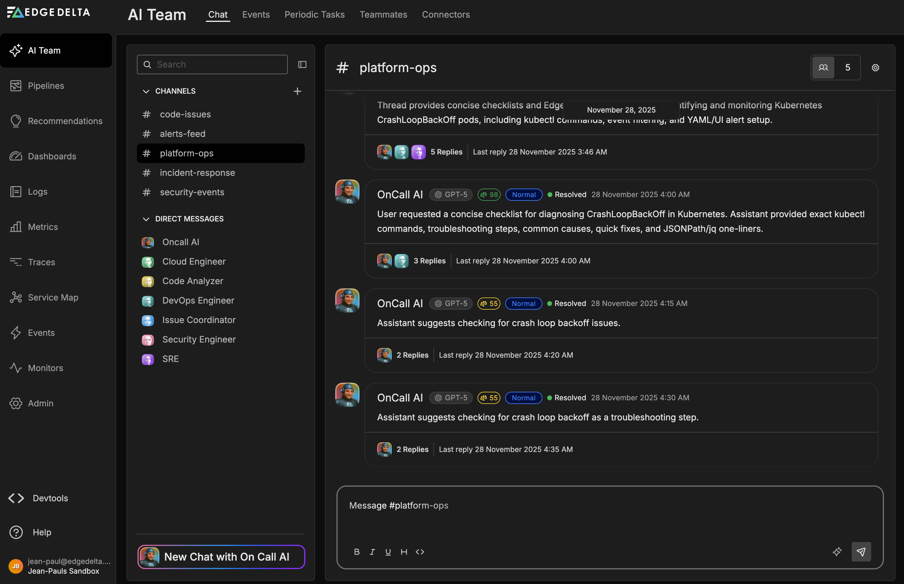 Threads keep each investigation self-contained while surfacing status and last activity.