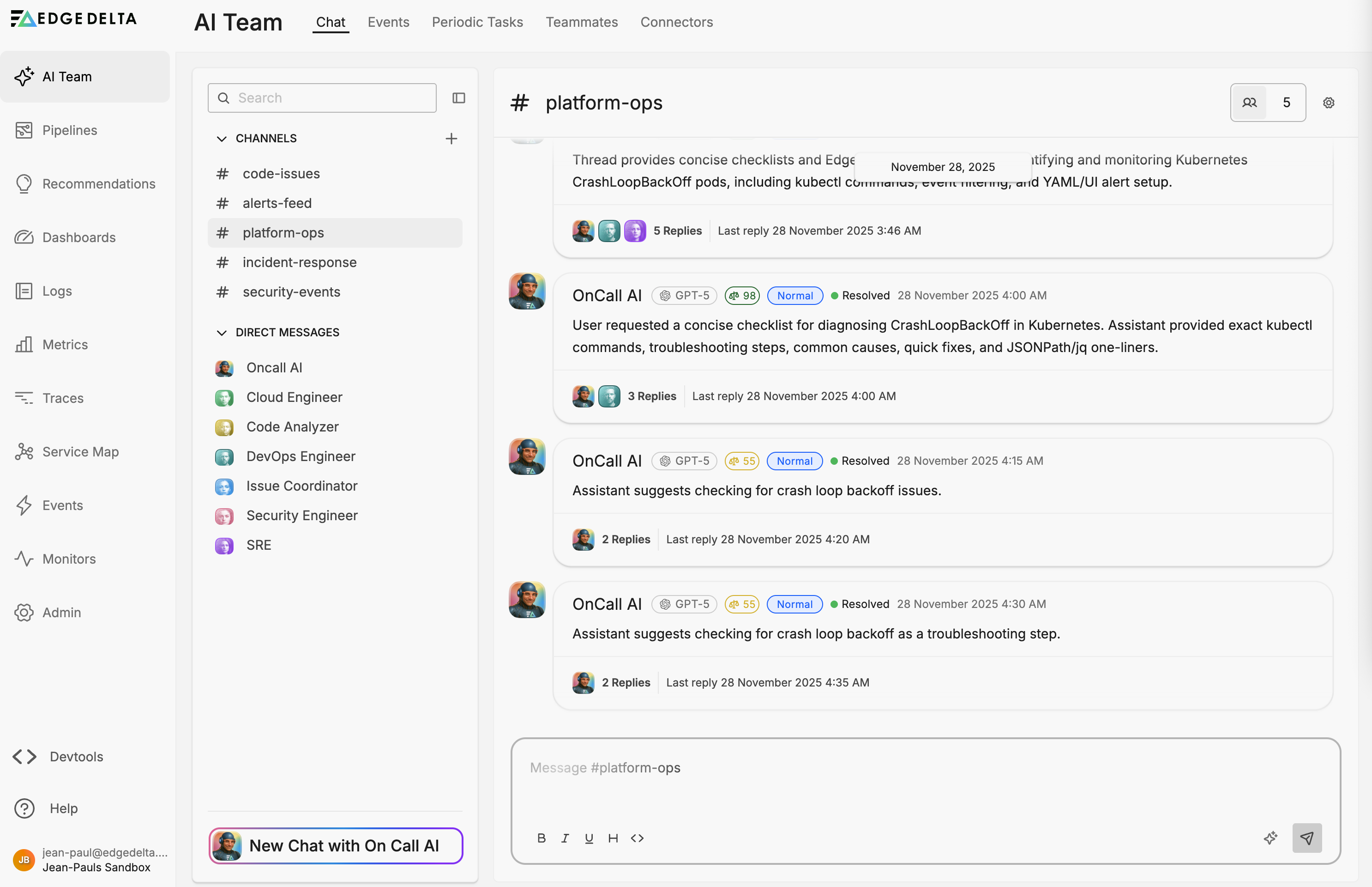 Threads keep each investigation self-contained while surfacing status and last activity.