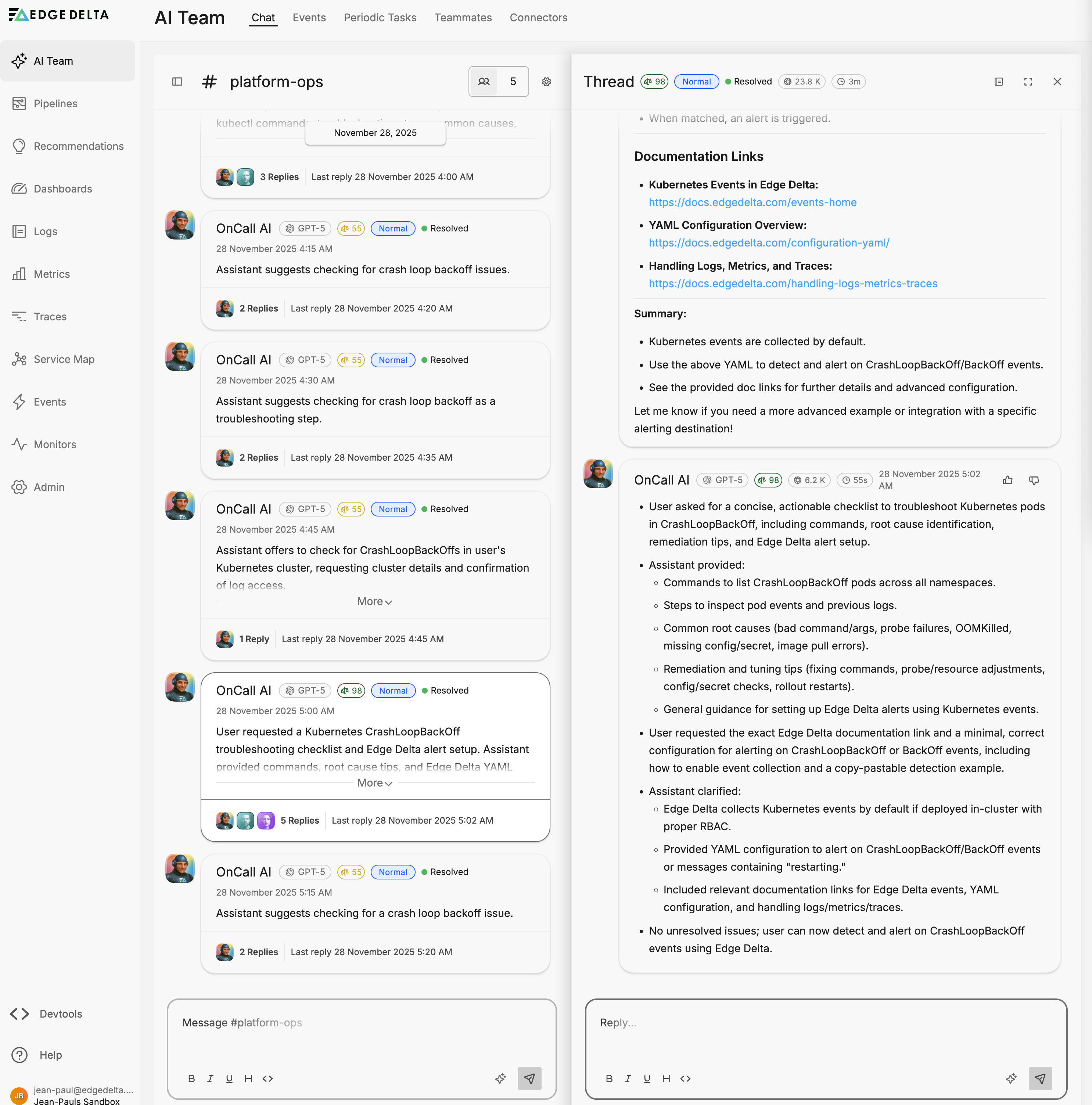 Detailed view showing user prompts, specialist responses, and OnCall AI syntheses.