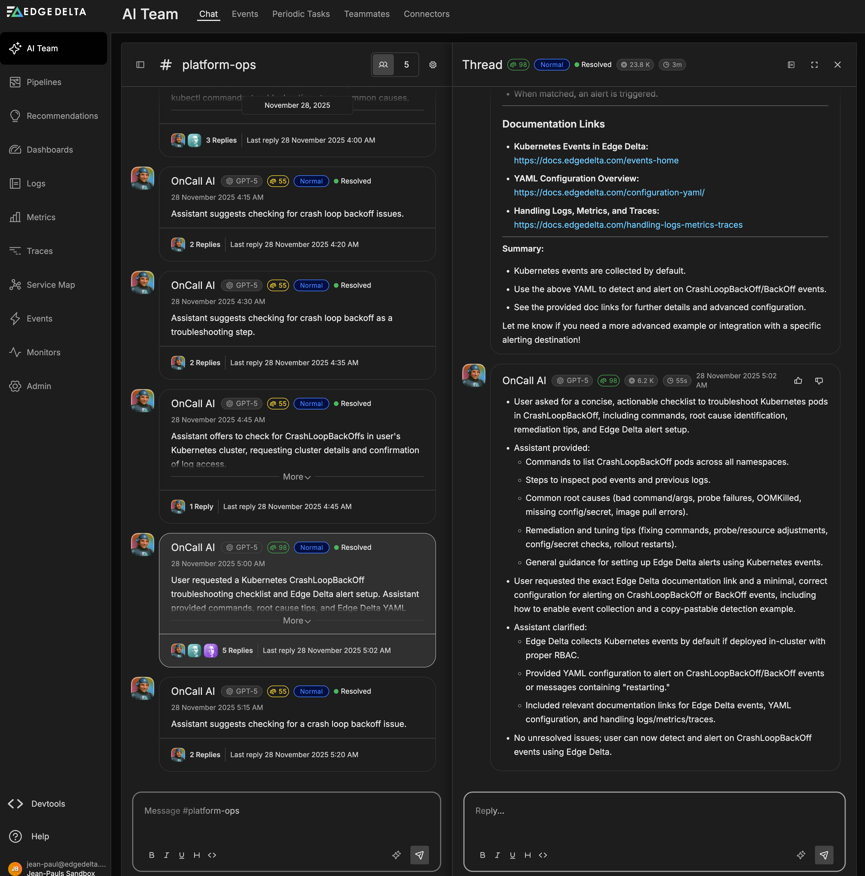 Detailed view showing user prompts, specialist responses, and OnCall AI syntheses.