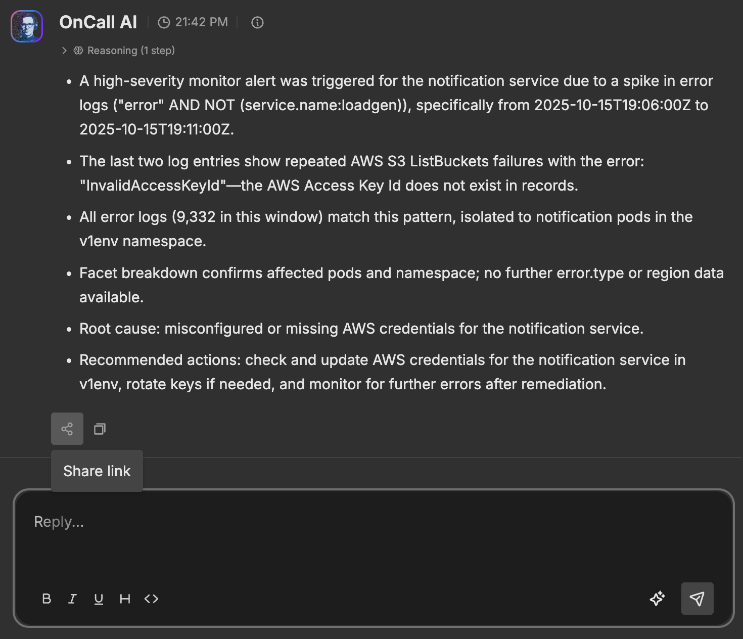 Copy link and copy text buttons on a message in a thread.