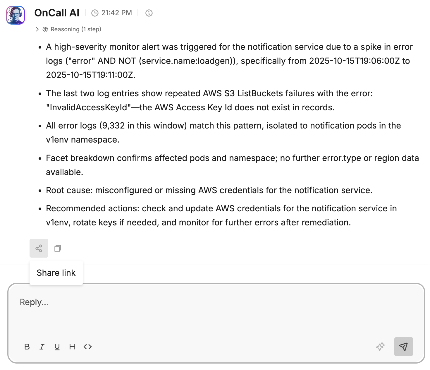 Copy link and copy text buttons on a message in a thread.