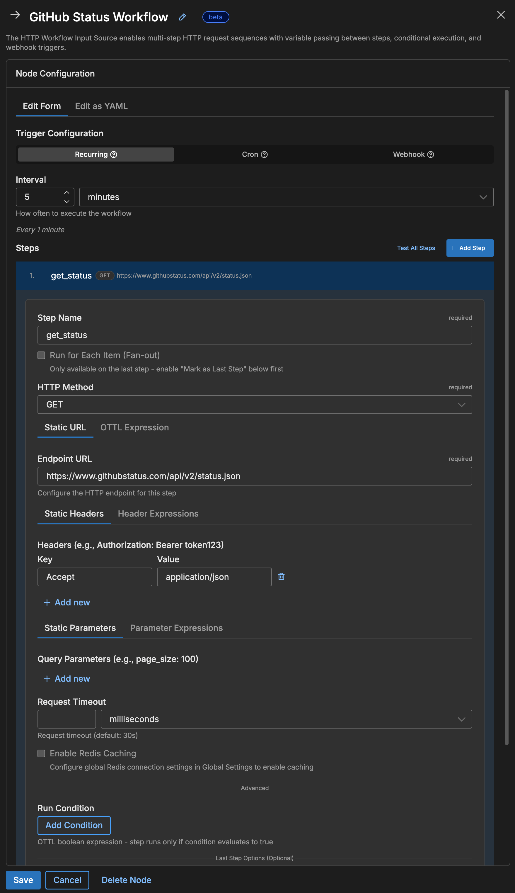 Step configuration panel showing authentication headers