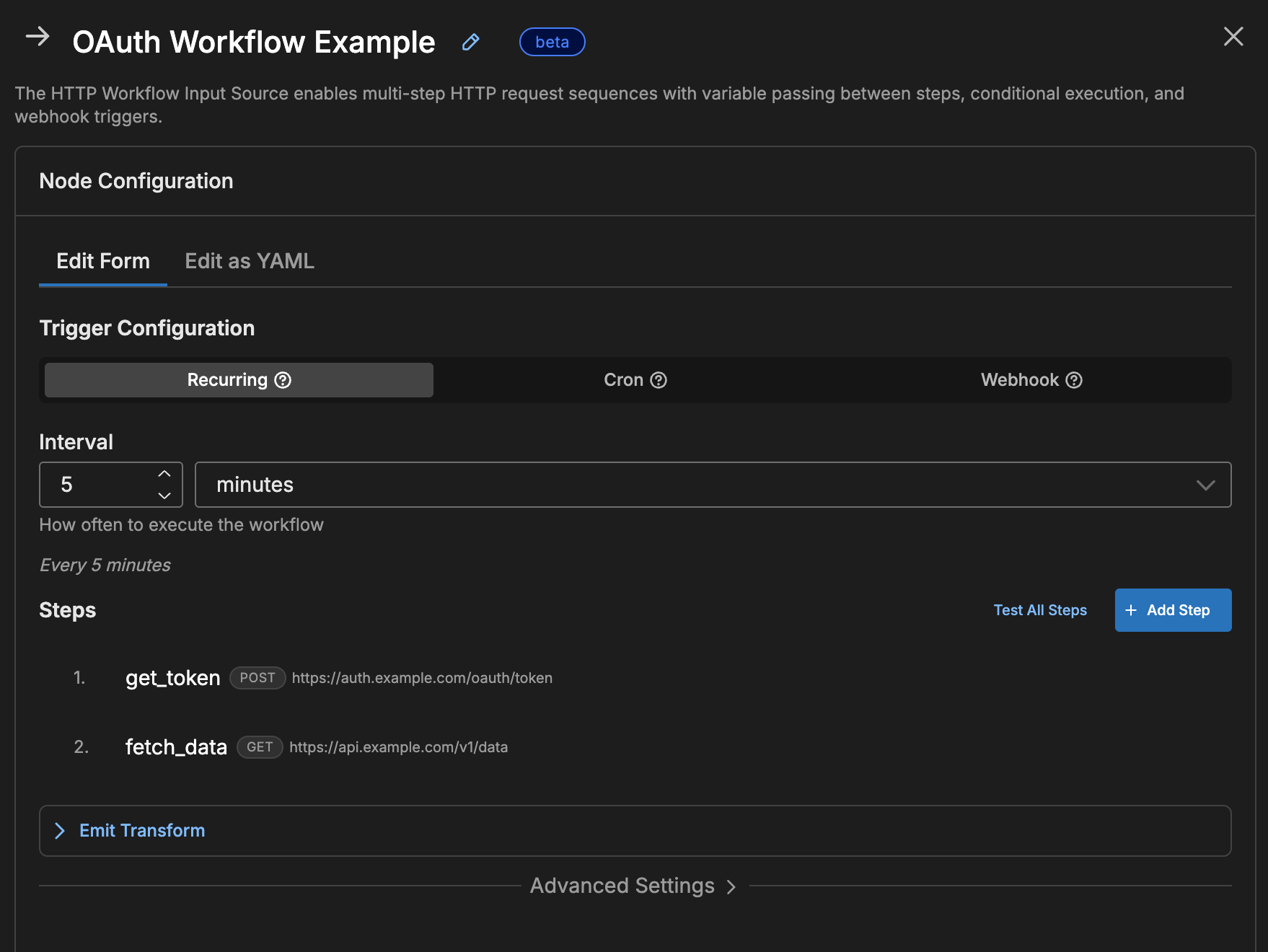 Two-step OAuth workflow configuration with get_token and fetch_data steps