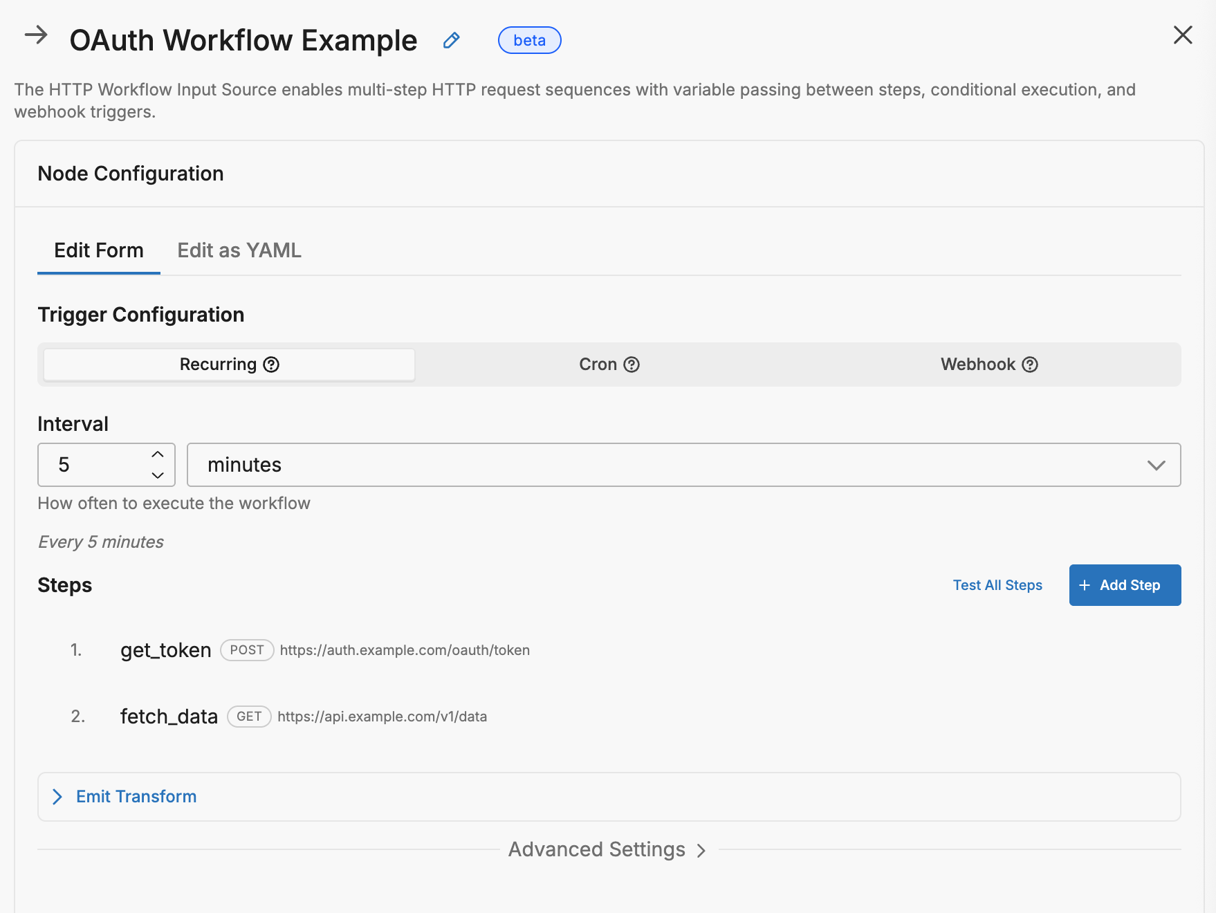 Two-step OAuth workflow configuration with get_token and fetch_data steps