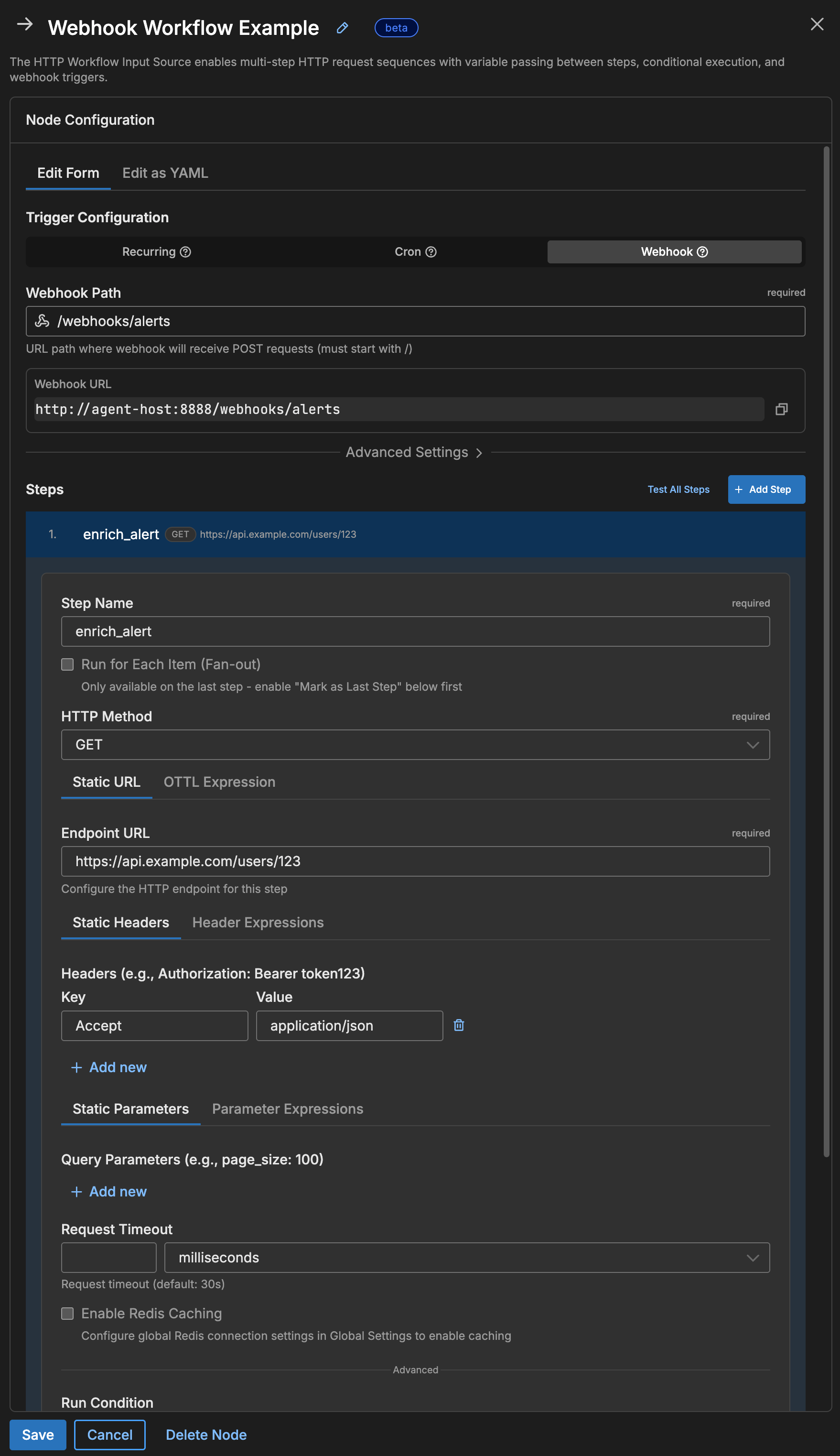 Webhook configuration panel with path, authentication, and rate limiting options