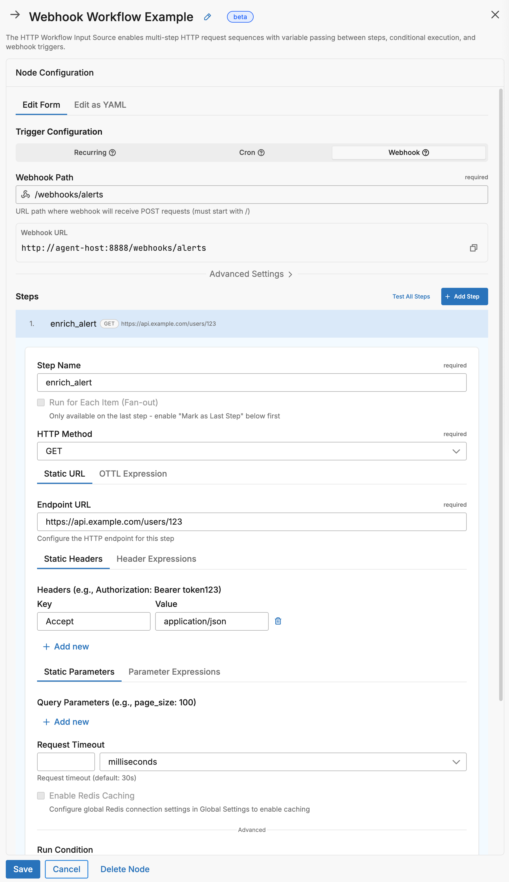 Webhook configuration panel with path, authentication, and rate limiting options