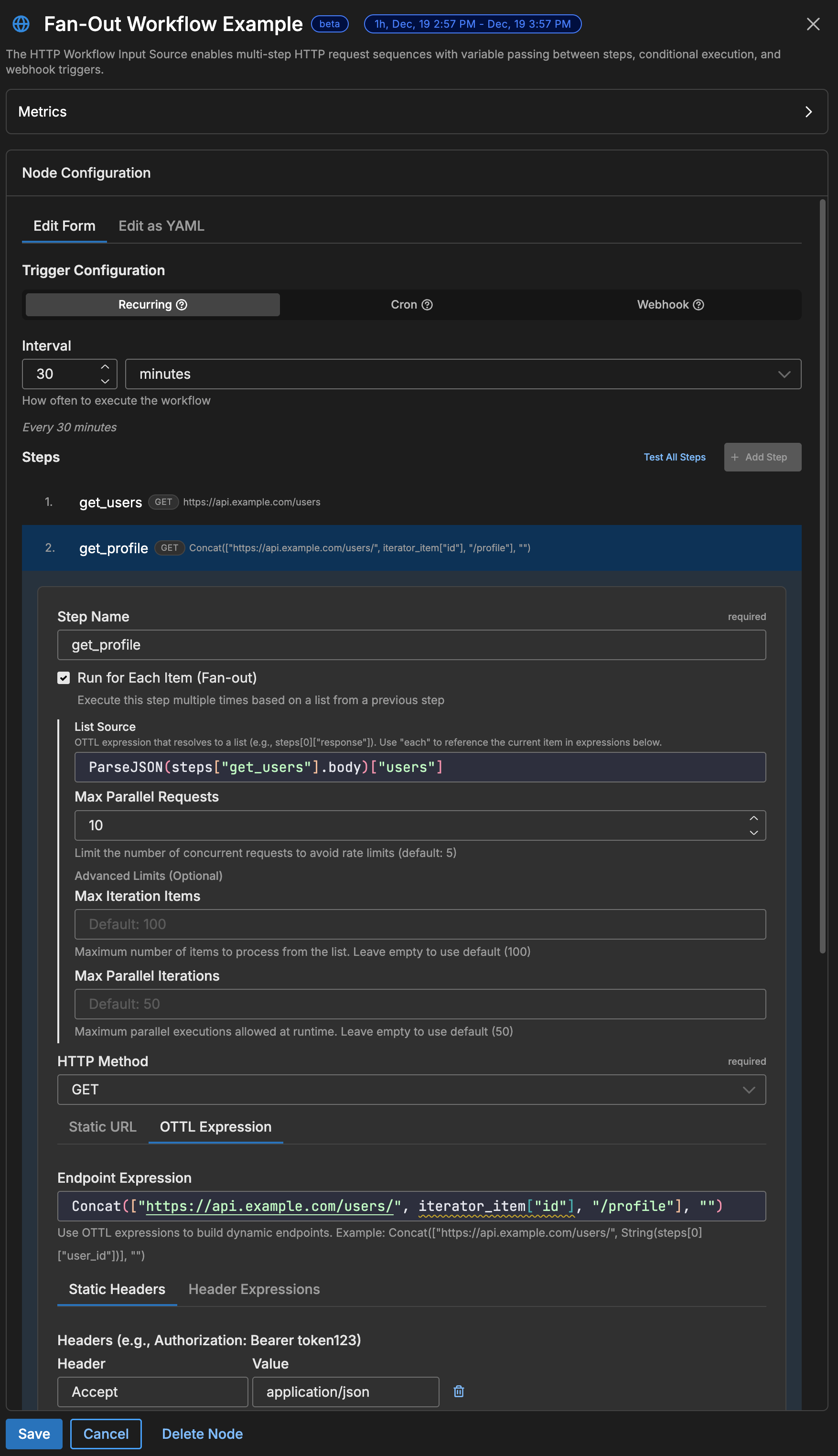 Iterator configuration with source expression, variable name, and max_parallel settings