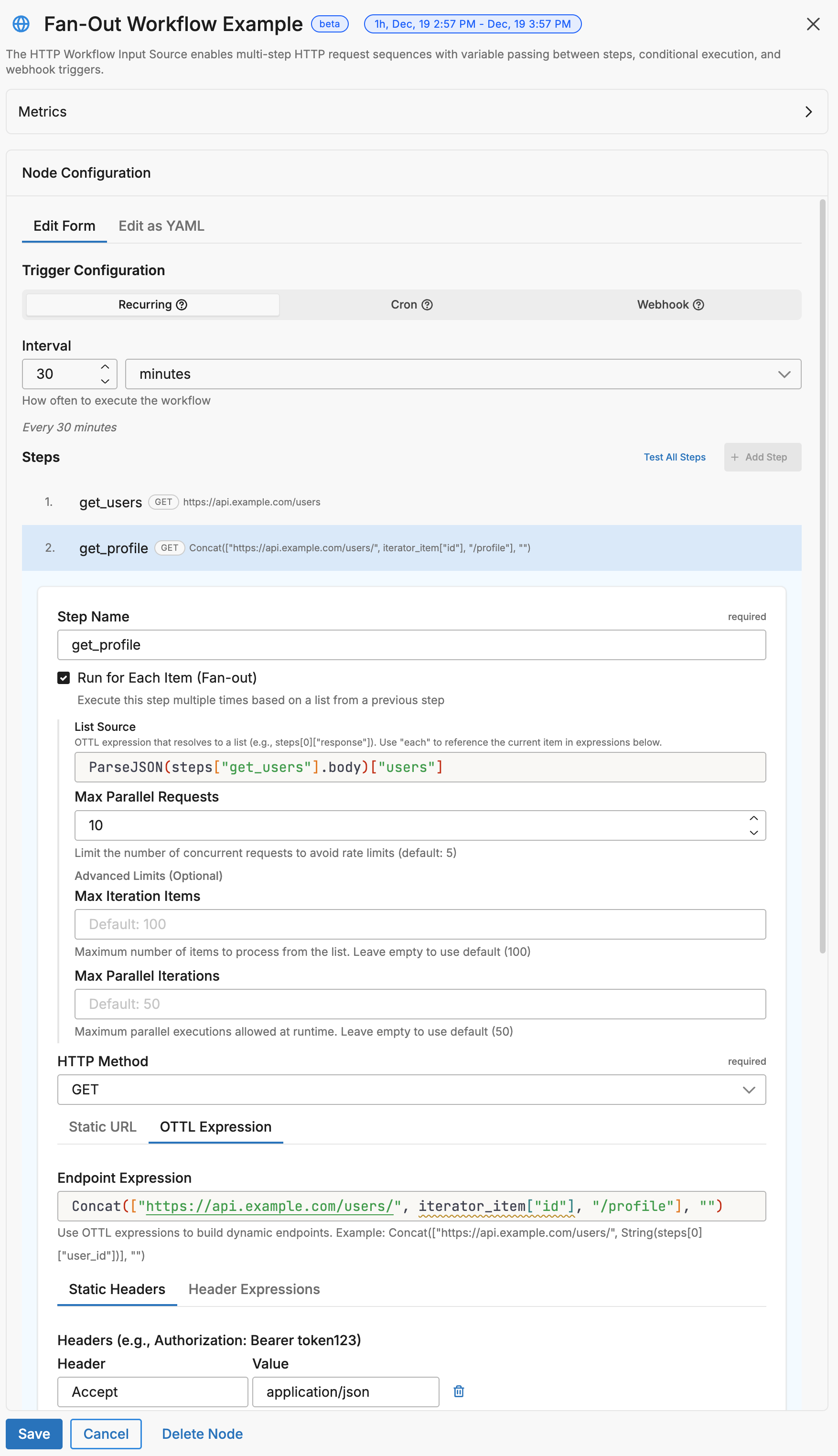 Iterator configuration with source expression, variable name, and max_parallel settings