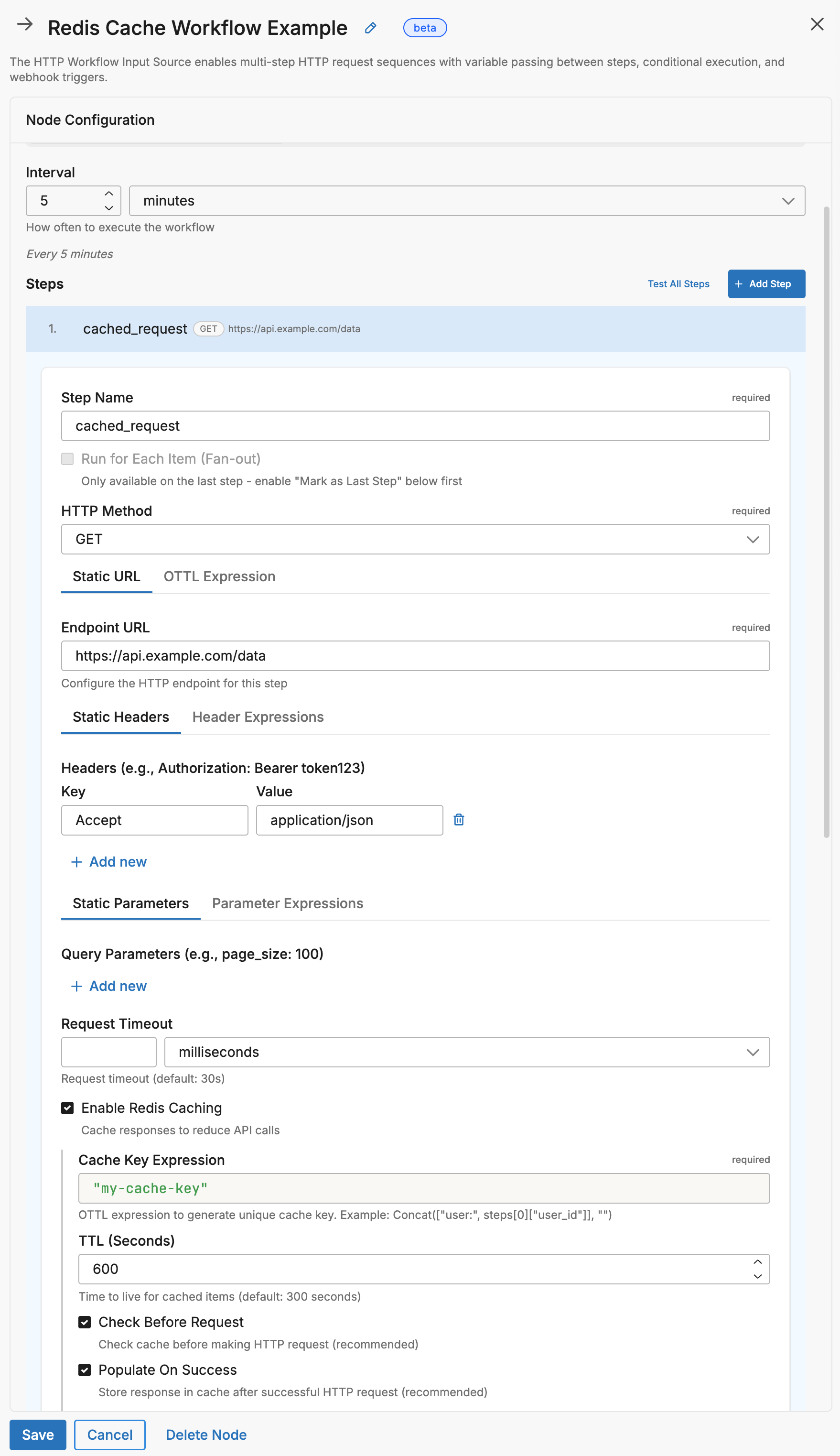 Redis cache configuration with key expression, TTL, and cache behavior options
