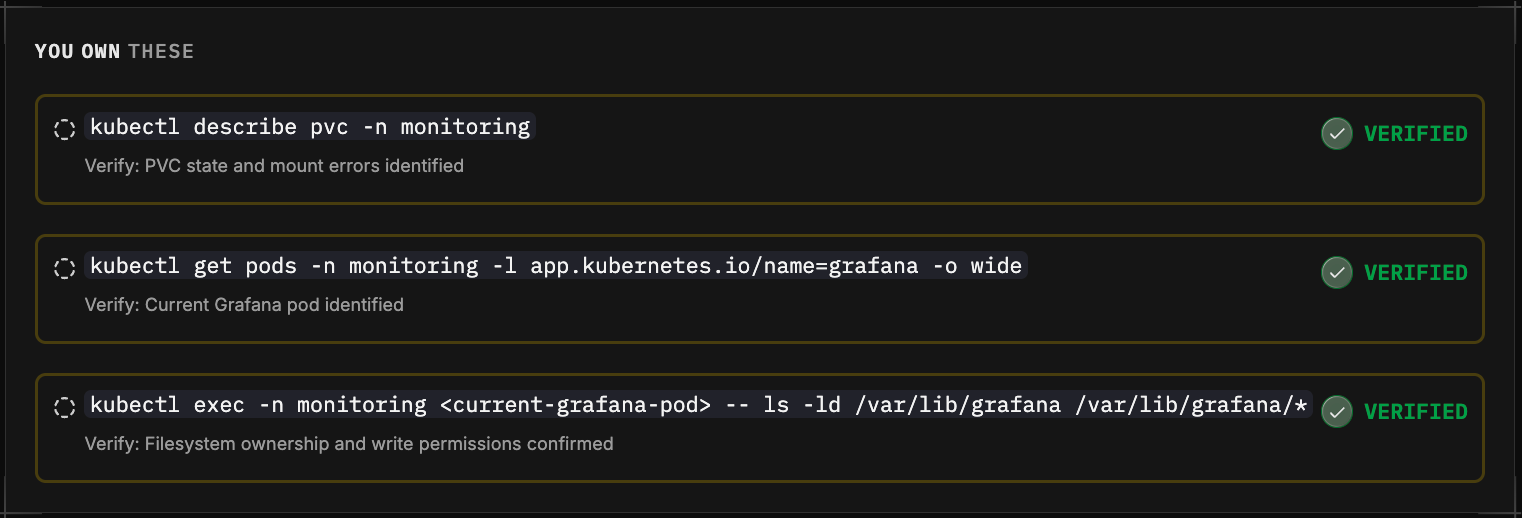 Human-owned recommended actions with verification conditions and Verified status chips