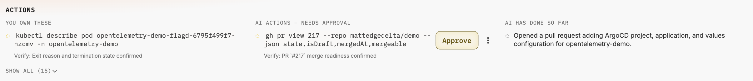 Human-owned recommended actions with verification conditions and Verified status chips