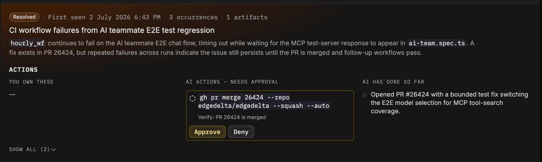 Issue card with state badge, first seen time, occurrence count, artifacts, and AI-written summary