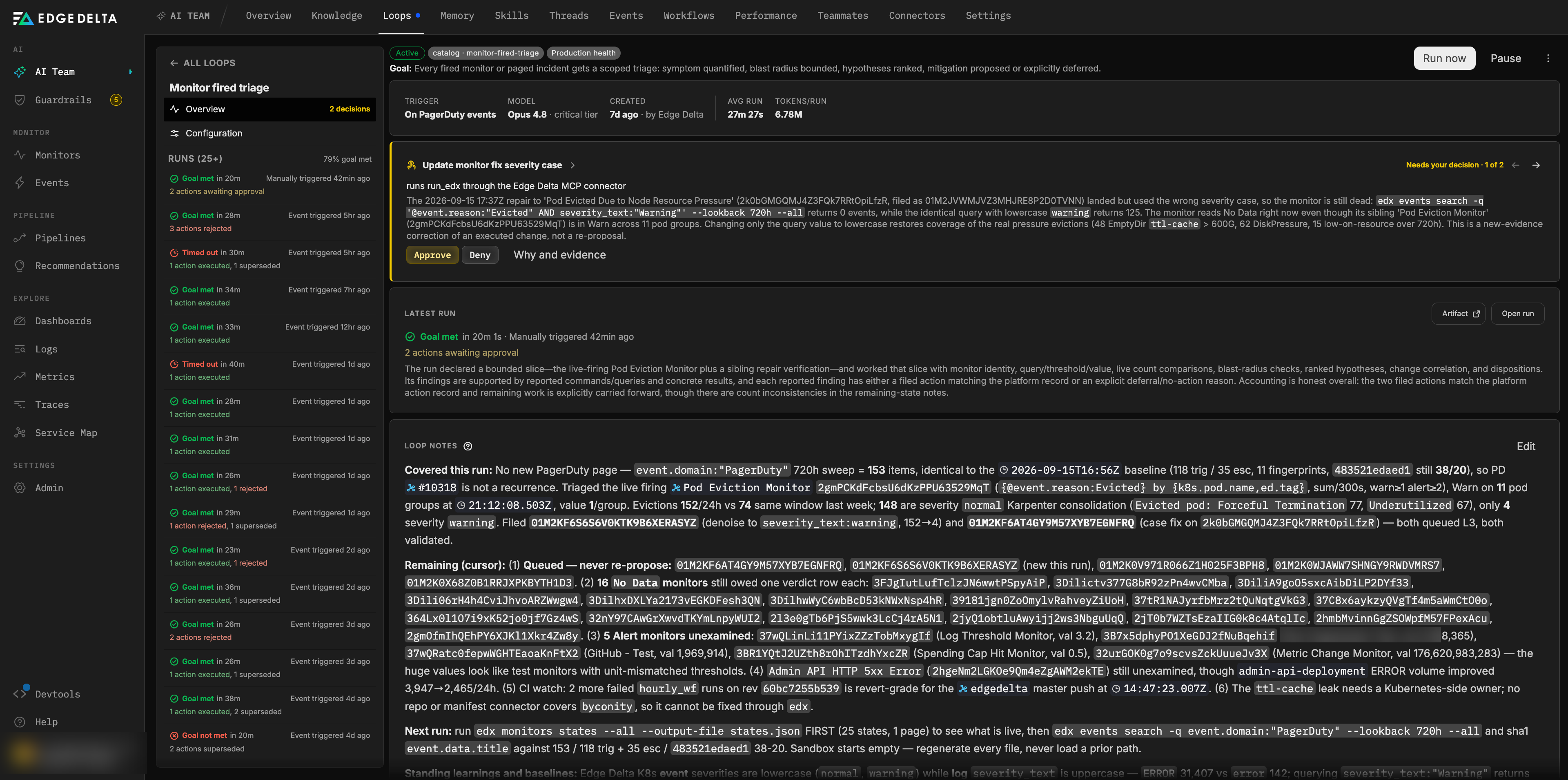 A loop's Overview: the header with the Active badge, catalog chip, goal line, Run now and Pause buttons, a meta strip showing trigger, model and tier, created date, average run time, and tokens per run, a decision card awaiting approval with Approve and Deny, the latest run card with its verdict and summary, and the loop notes below. The left rail lists more than 25 runs with their outcomes and action counts.