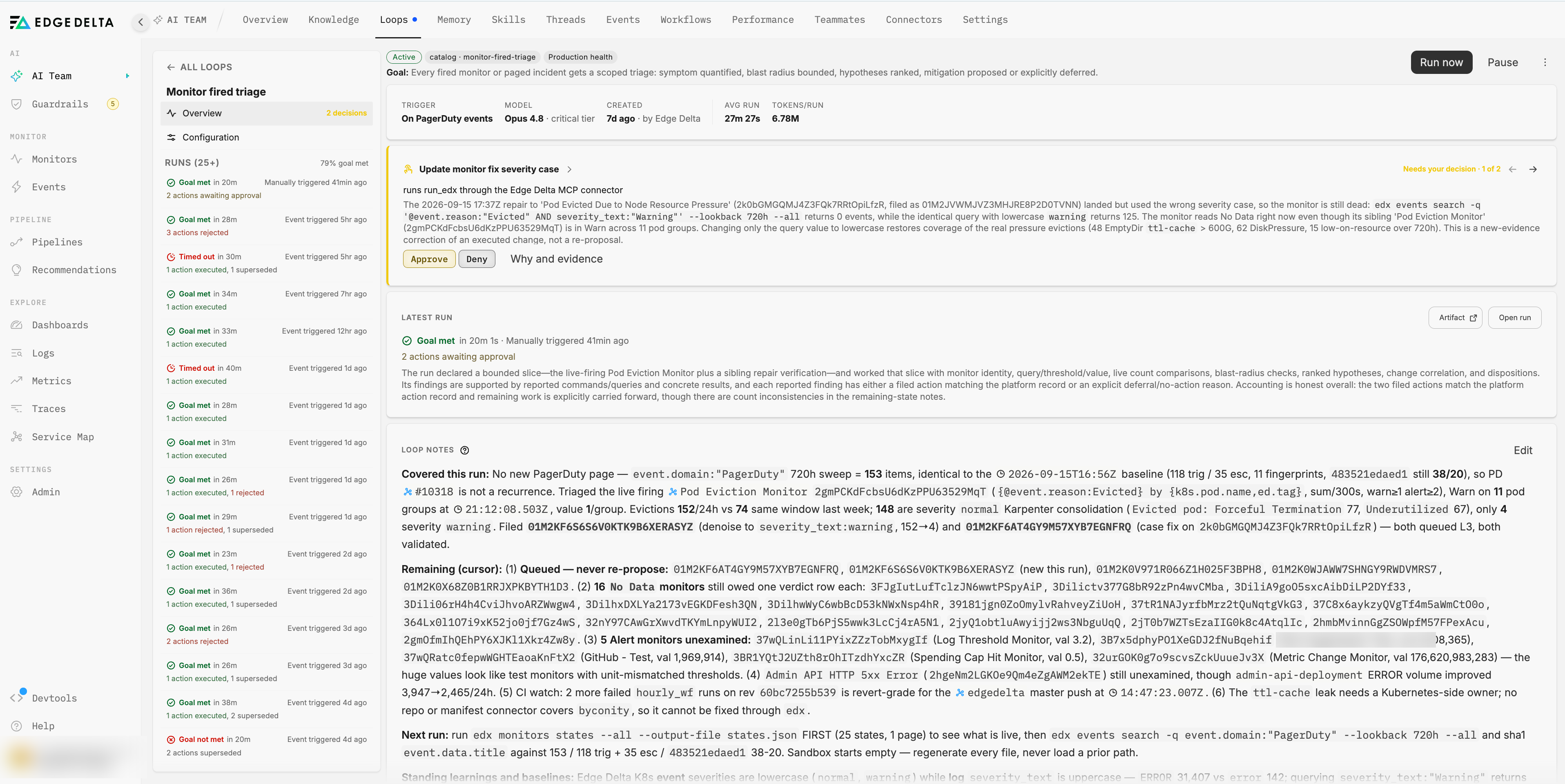 A loop's Overview: the header with the Active badge, catalog chip, goal line, Run now and Pause buttons, a meta strip showing trigger, model and tier, created date, average run time, and tokens per run, a decision card awaiting approval with Approve and Deny, the latest run card with its verdict and summary, and the loop notes below. The left rail lists more than 25 runs with their outcomes and action counts.