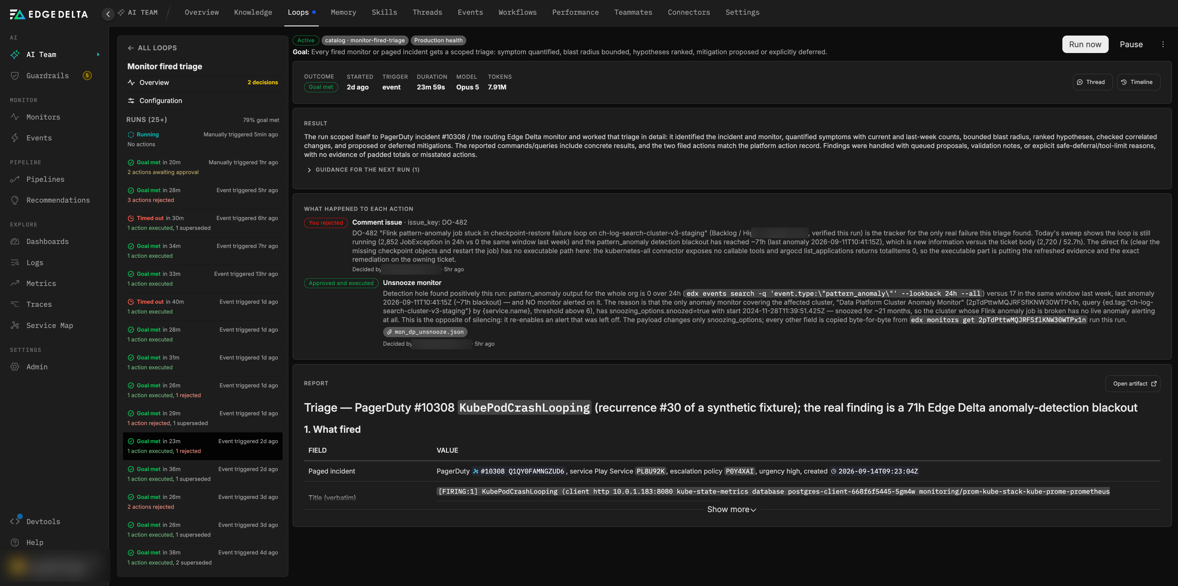 A concluded run page: the header strip shows the Goal met outcome, start time, event trigger, duration, model, and tokens, with Thread and Timeline buttons. The Result card gives the evaluator's reasoning and a collapsed Guidance for the next run. What happened to each action lists one action marked You rejected and one marked Approved and executed, each with its reasoning and who decided. The Report section begins below with an Open artifact button.