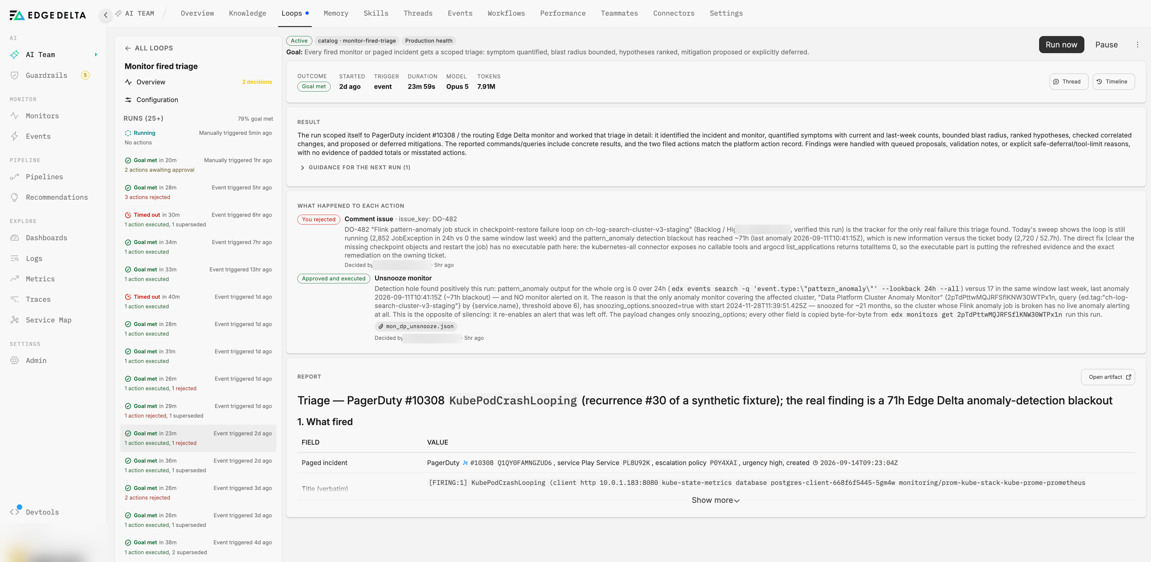 A concluded run page: the header strip shows the Goal met outcome, start time, event trigger, duration, model, and tokens, with Thread and Timeline buttons. The Result card gives the evaluator's reasoning and a collapsed Guidance for the next run. What happened to each action lists one action marked You rejected and one marked Approved and executed, each with its reasoning and who decided. The Report section begins below with an Open artifact button.