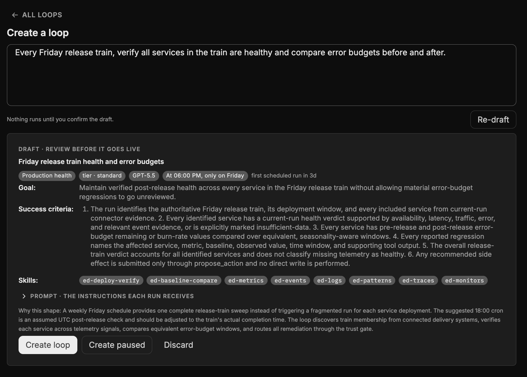 The drafted loop below the goal box, labeled Draft, review before it goes live. It shows the generated name, badges for Production health, standard tier, the model, and a Friday evening schedule with the first scheduled run in three days, the goal, six numbered success criteria, eight skills, a collapsed prompt fold, a paragraph explaining why this shape was chosen, and the Create loop, Create paused, and Discard buttons. A note above reads Nothing runs until you confirm the draft.