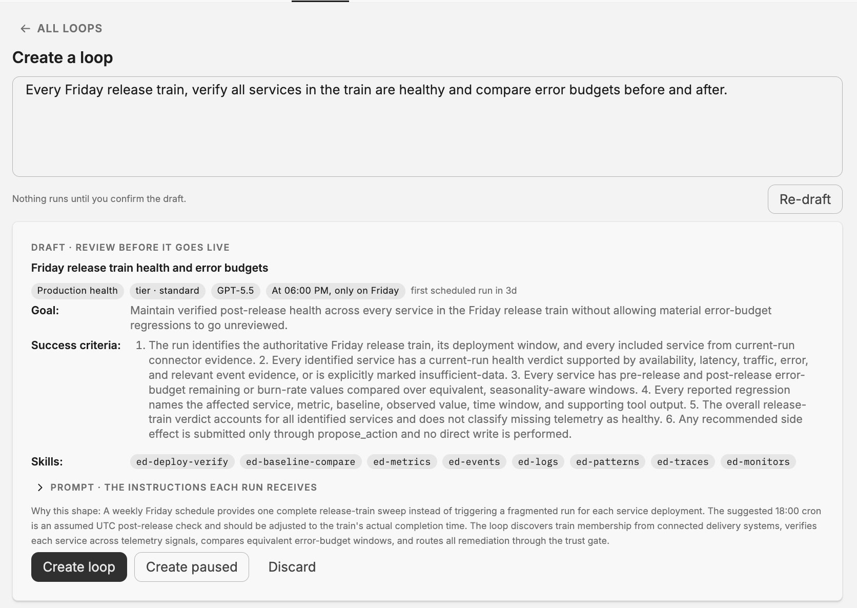 The drafted loop below the goal box, labeled Draft, review before it goes live. It shows the generated name, badges for Production health, standard tier, the model, and a Friday evening schedule with the first scheduled run in three days, the goal, six numbered success criteria, eight skills, a collapsed prompt fold, a paragraph explaining why this shape was chosen, and the Create loop, Create paused, and Discard buttons. A note above reads Nothing runs until you confirm the draft.