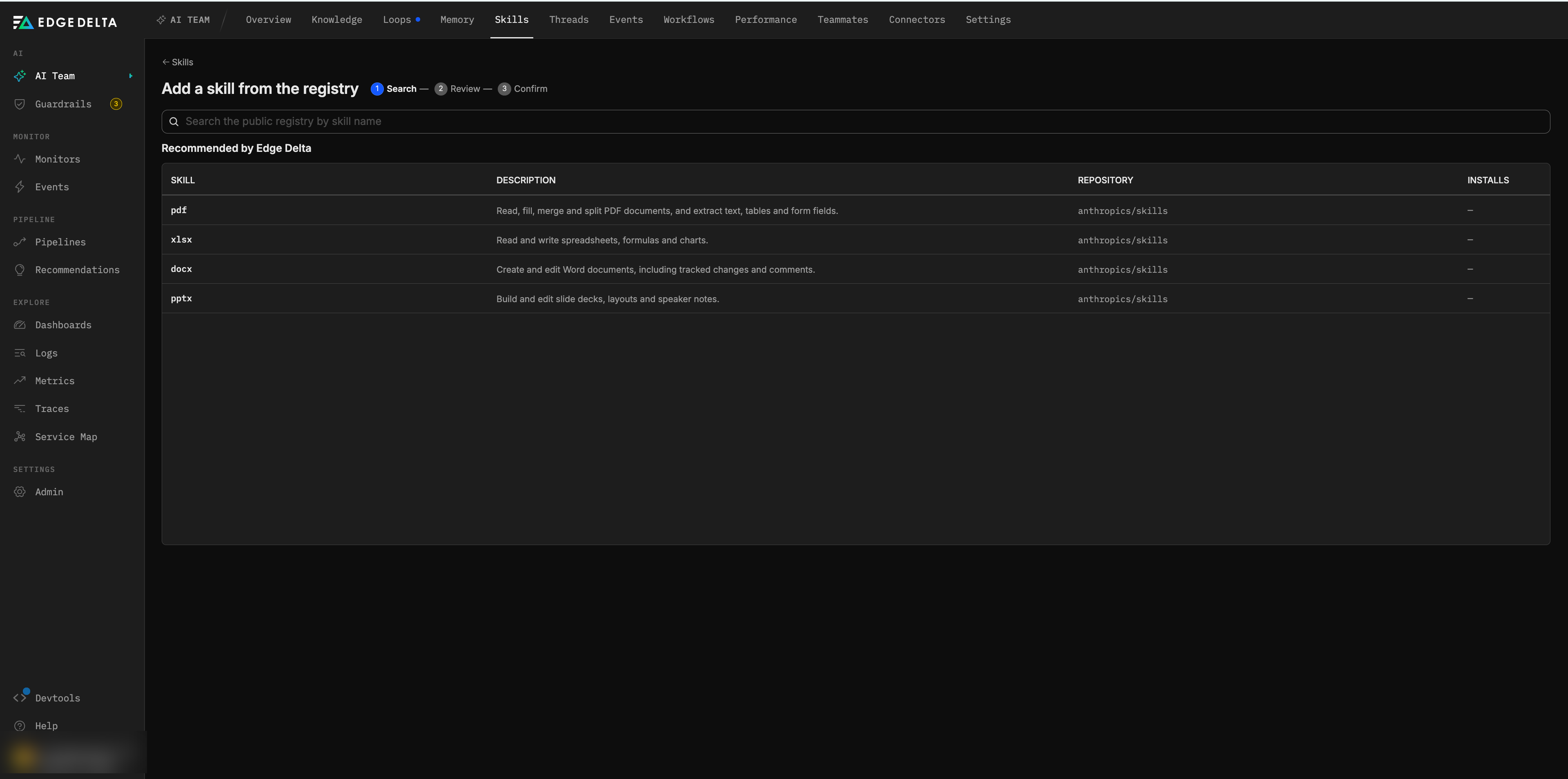 The Add a skill from the registry flow at its Search step, with a three-step indicator for Search, Review, and Confirm, a search box for the public registry, and a Recommended by Edge Delta table listing skills with their description, repository, and installs.