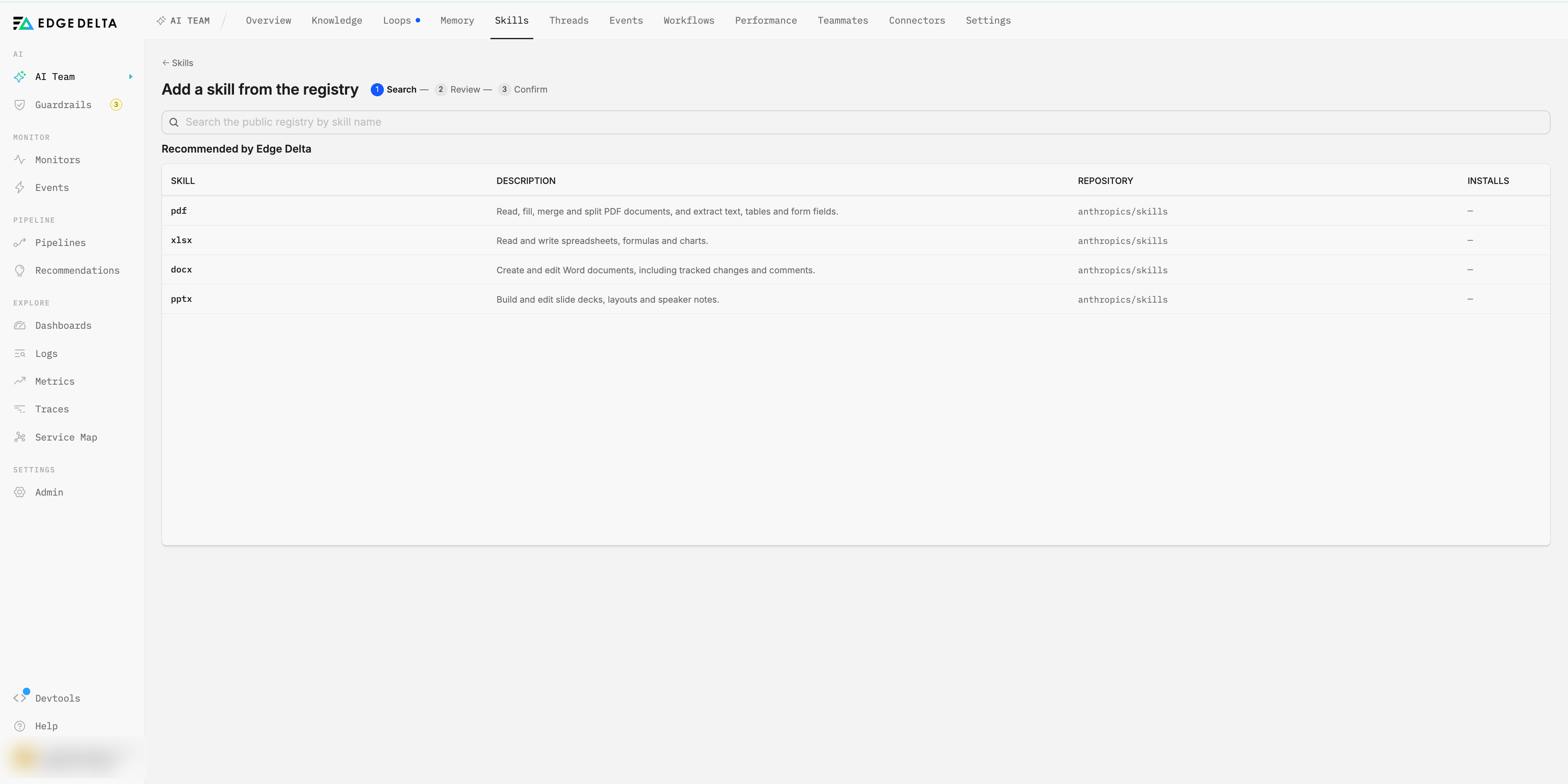 The Add a skill from the registry flow at its Search step, with a three-step indicator for Search, Review, and Confirm, a search box for the public registry, and a Recommended by Edge Delta table listing skills with their description, repository, and installs.