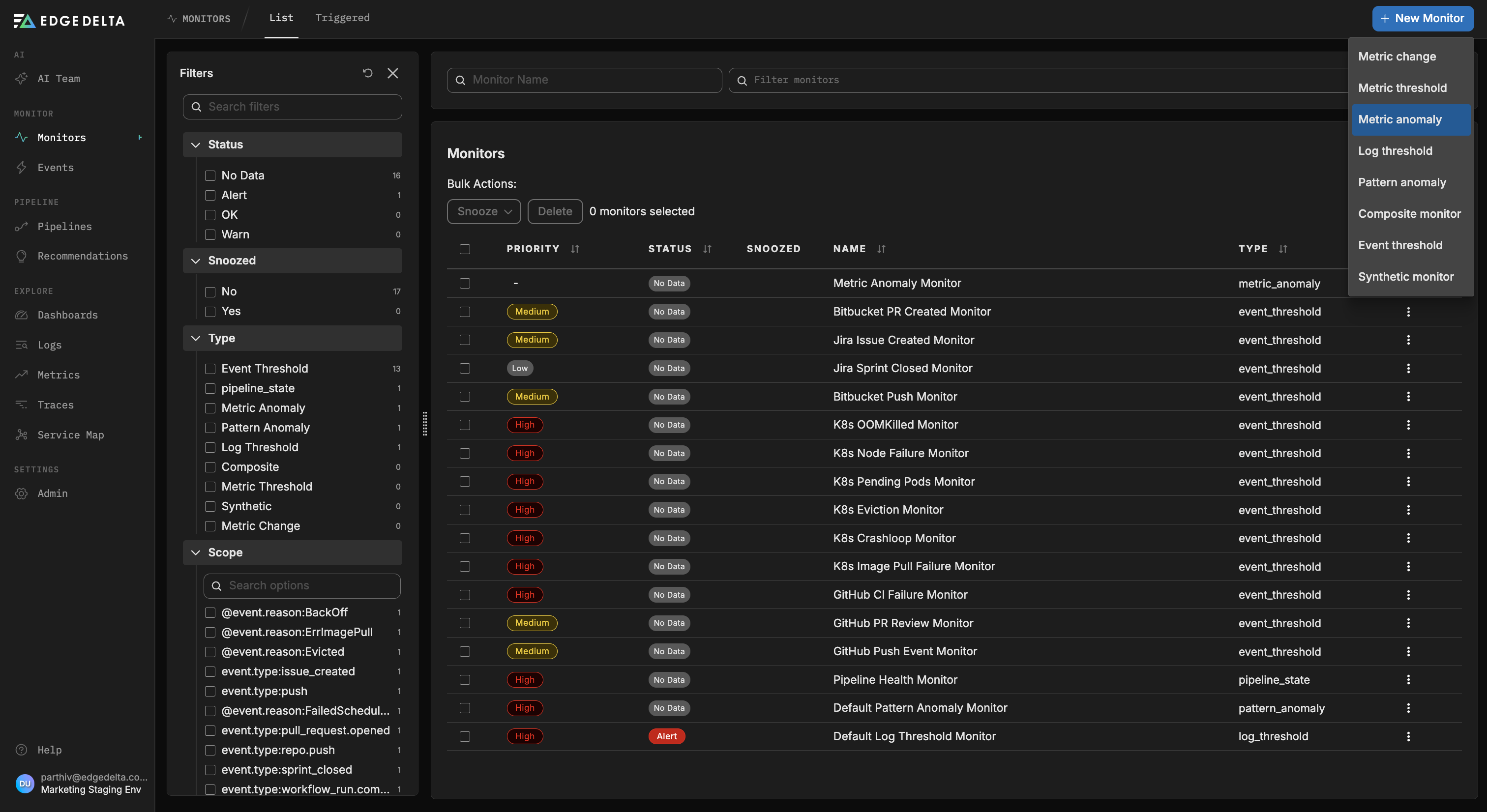 Selecting Metric Anomaly from the New Monitor dropdown