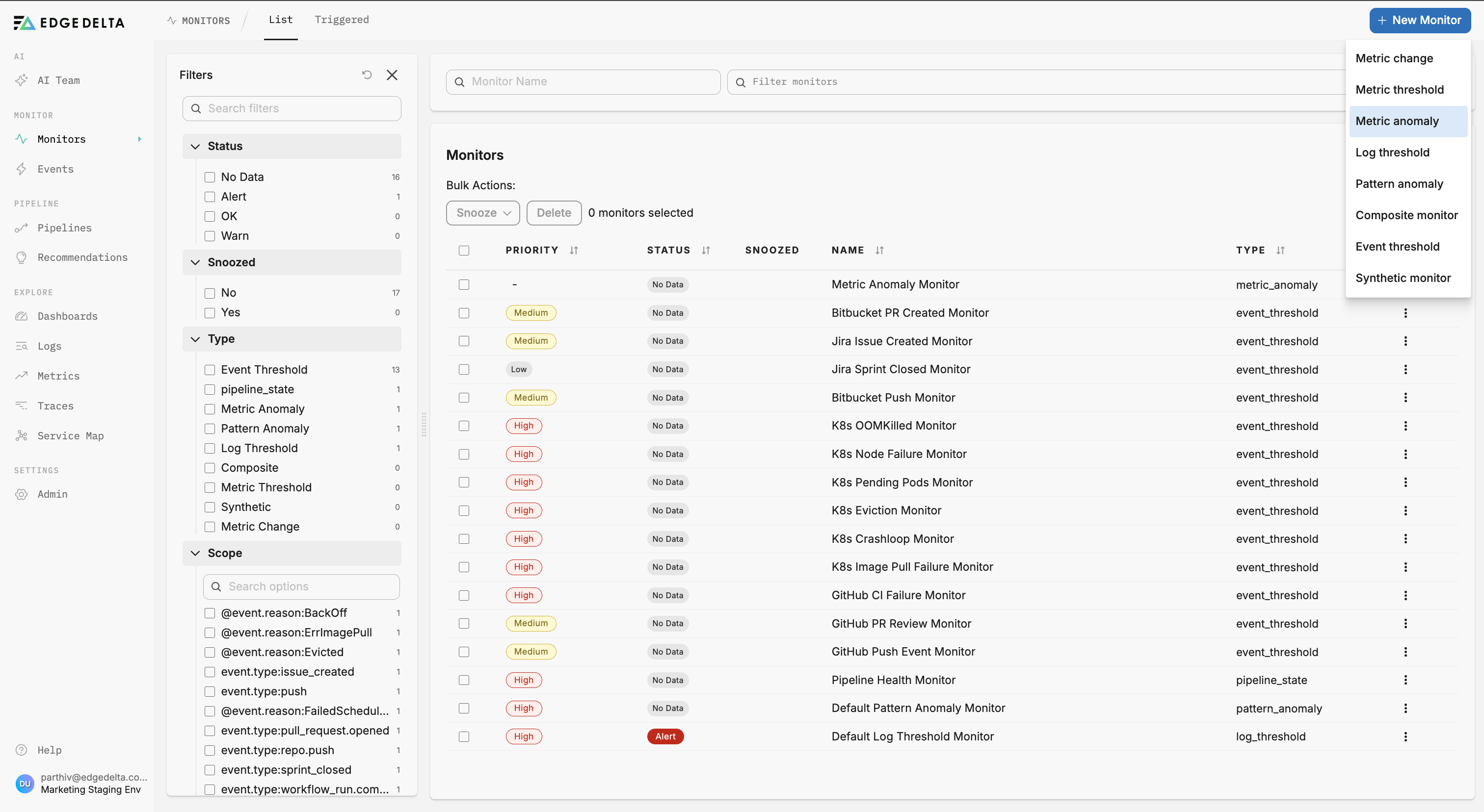 Selecting Metric Anomaly from the New Monitor dropdown