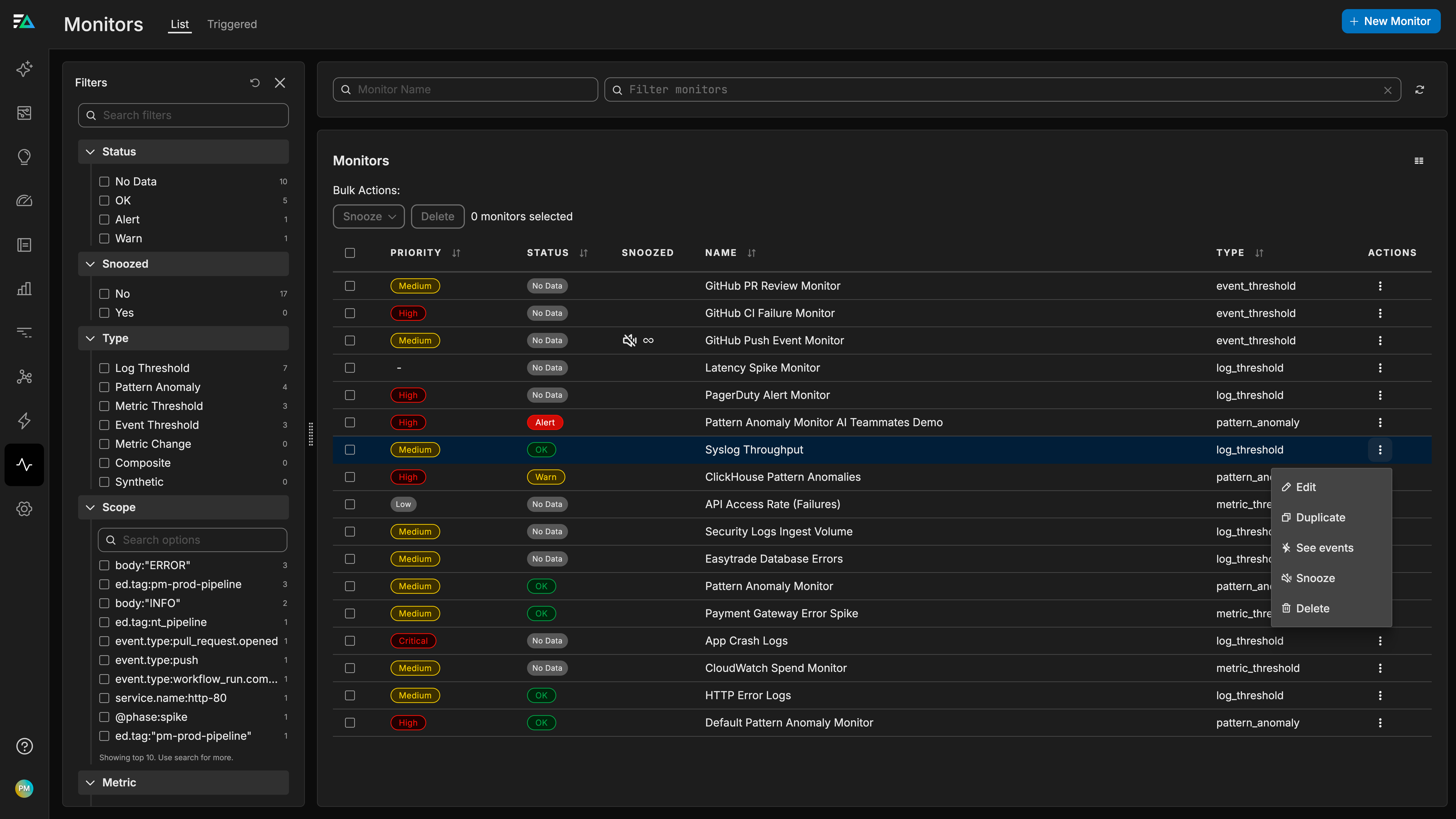 Monitor actions menu with Snooze option for notification suppression