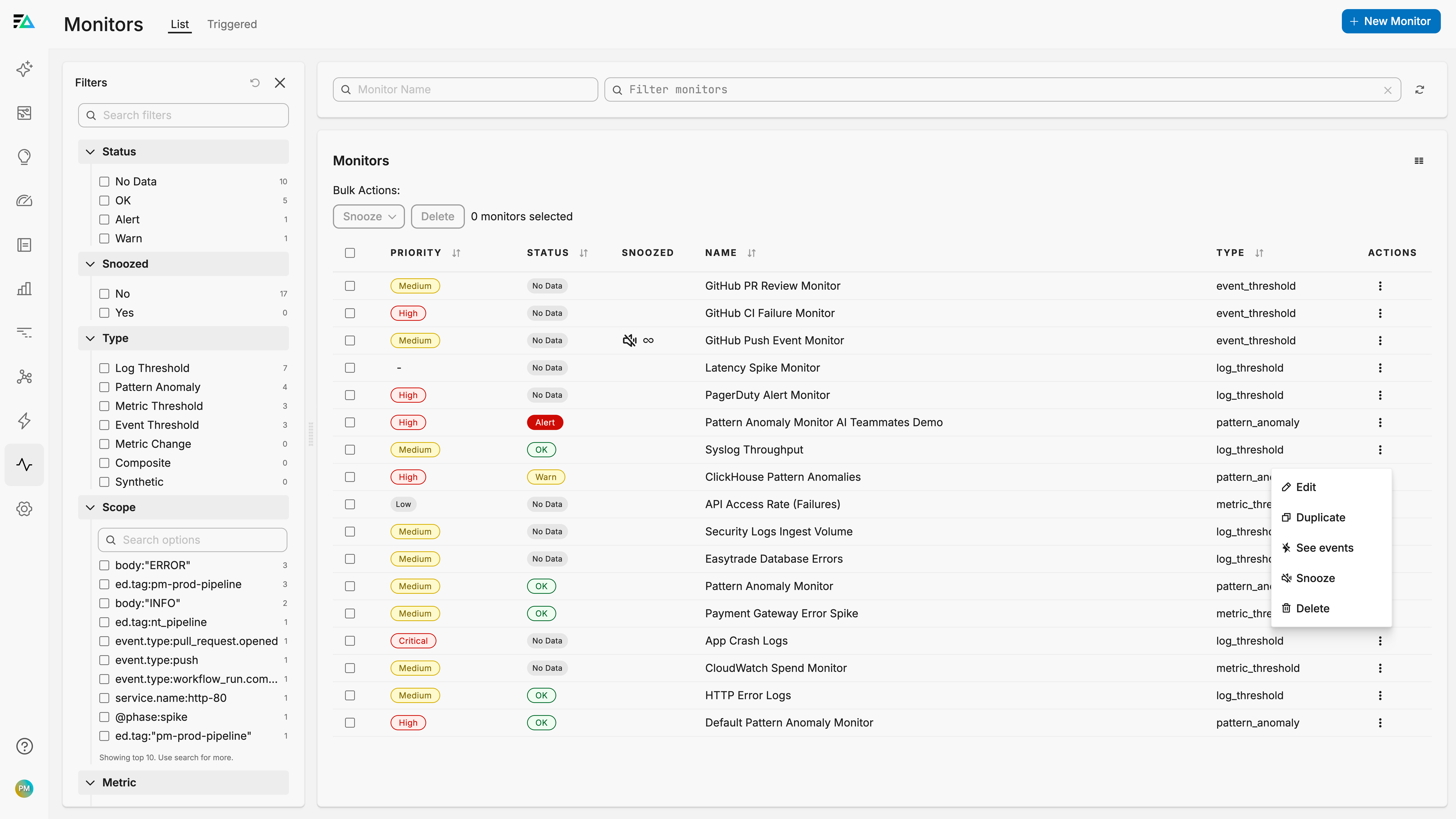 Monitor actions menu with Snooze option for notification suppression