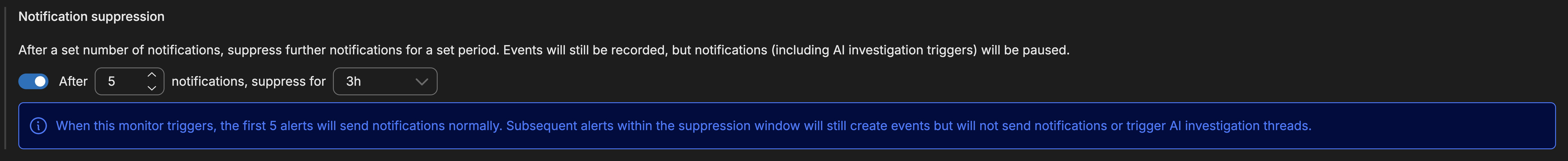 Notification suppression settings showing threshold and duration configuration