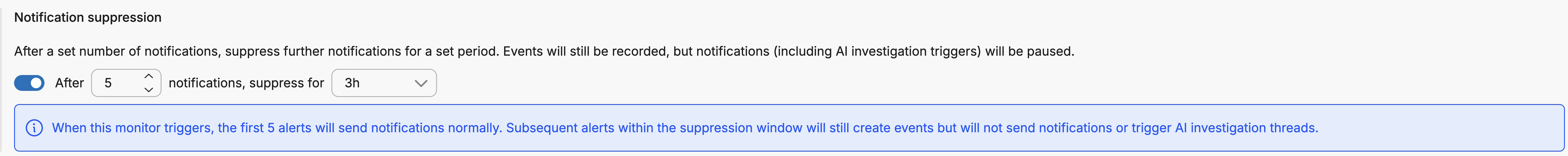 Notification suppression settings showing threshold and duration configuration