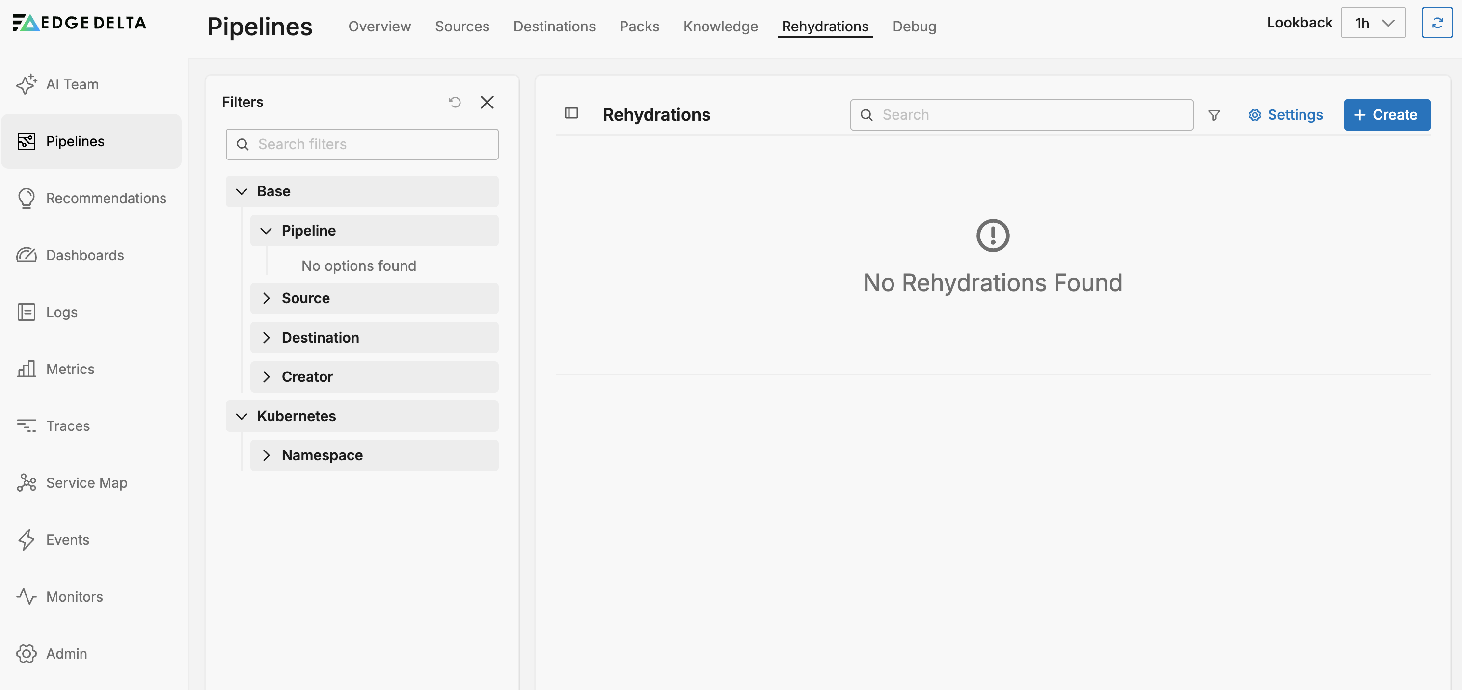 Rehydrations tab in the Pipelines page