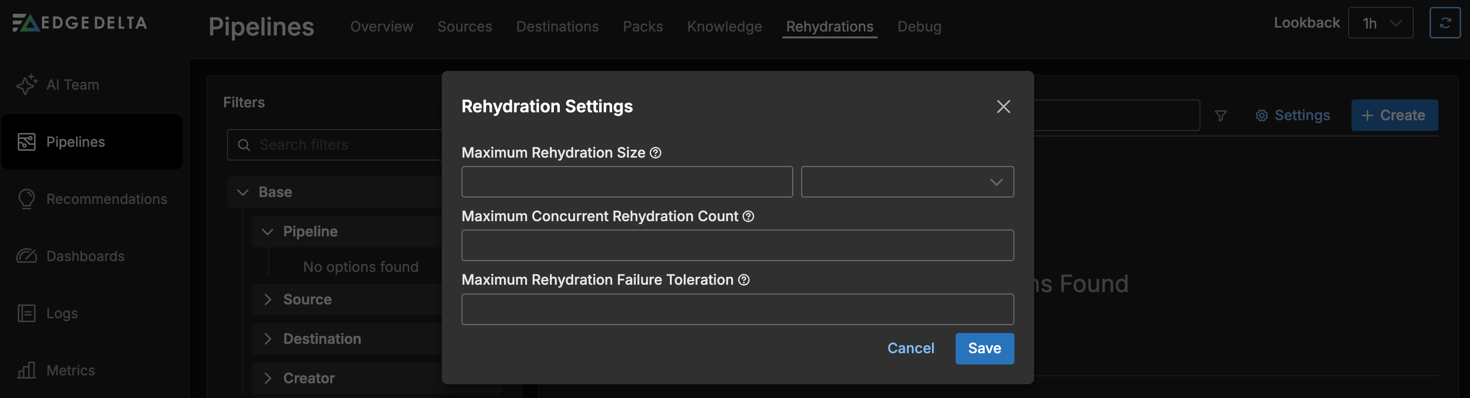 Rehydration Settings dialog